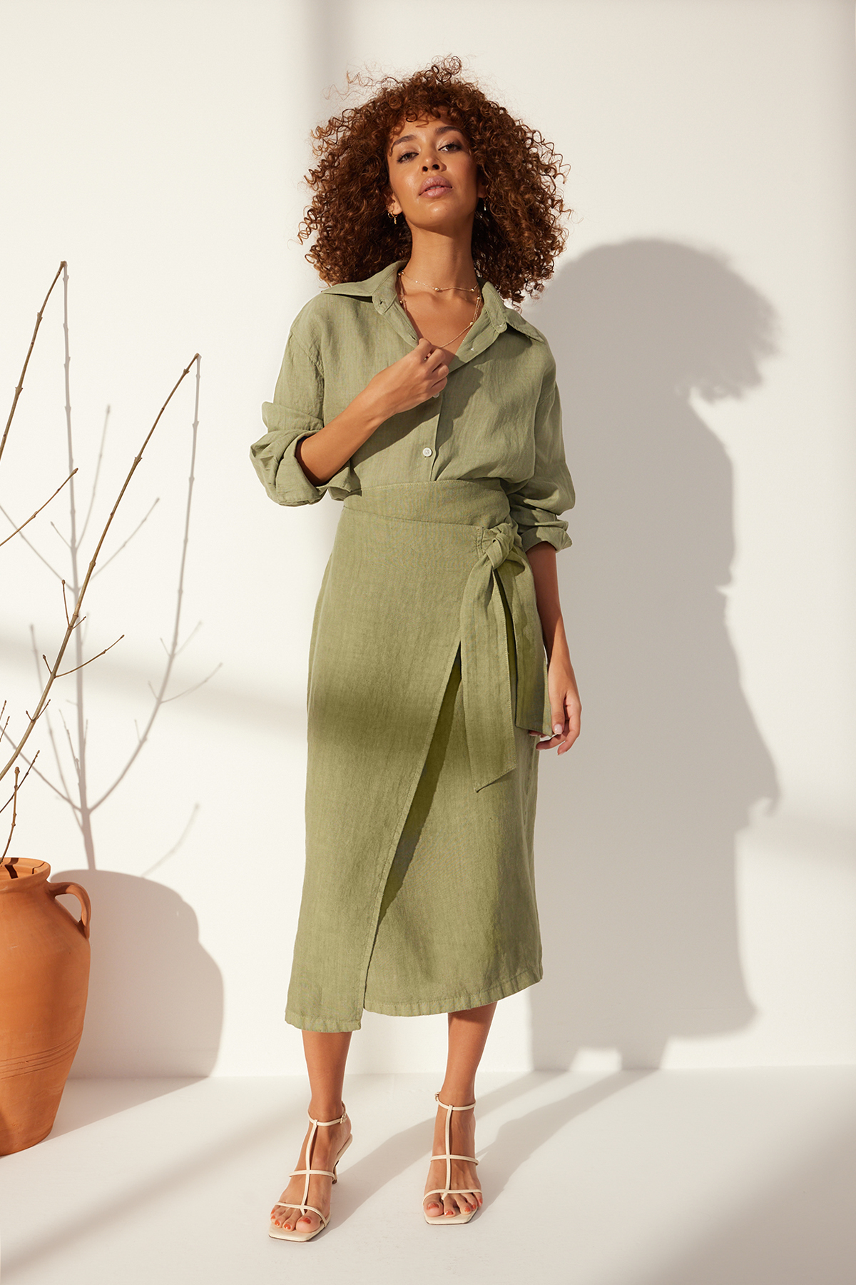 Trendyolmilla  Yeşil %100 Keten Bağlamalı Midi Etek TWOSS24ET00150 - Görsel 3