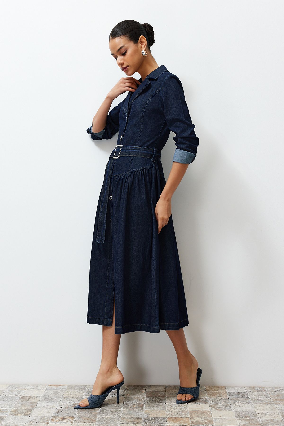 Trendyol Collection-Jacket Lapel Maxi Denim Dress with Belt - Twoss24El00776 5