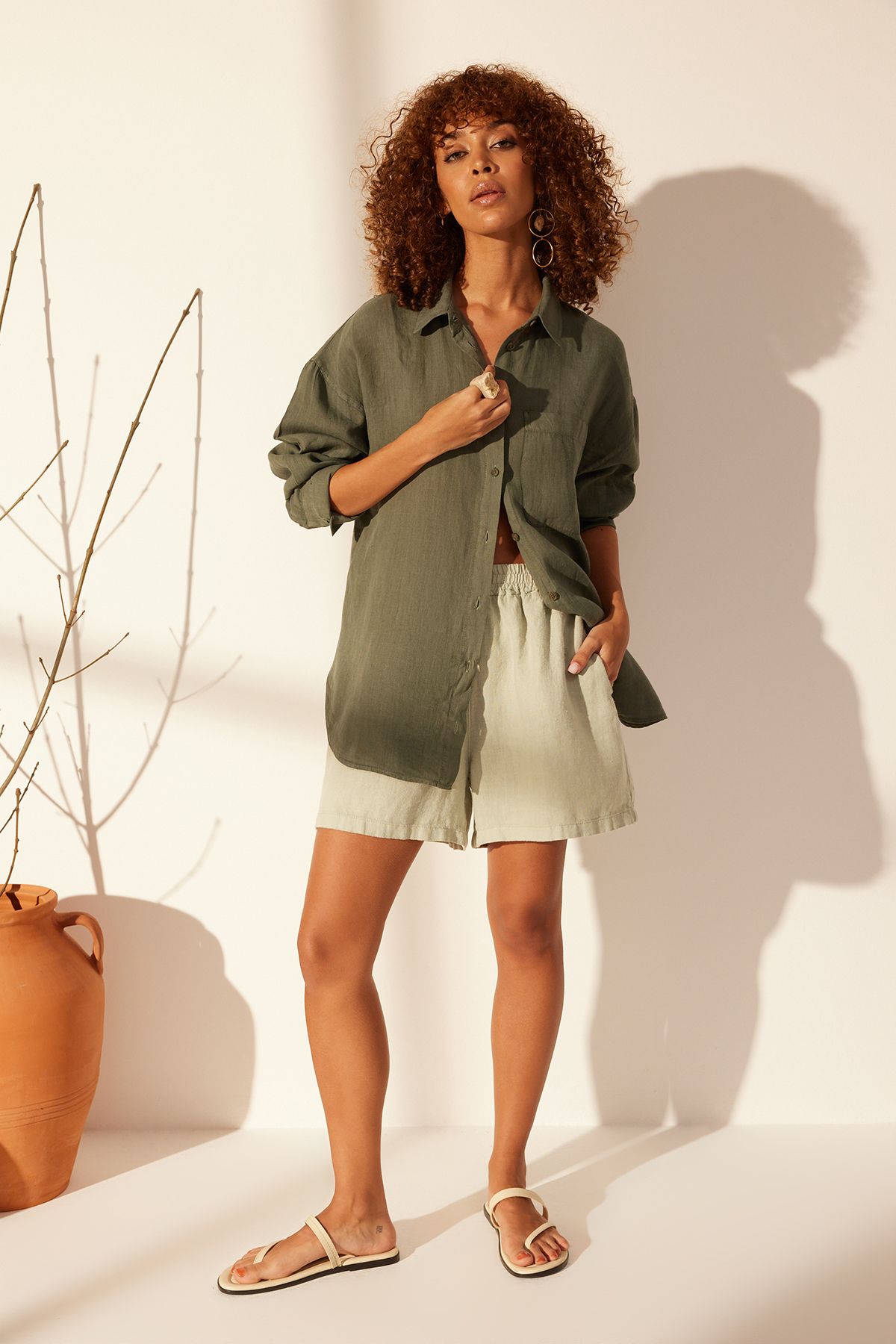 Trendyol Collection Green 100% Linen Oversize Shirt TWOSS23GO00443