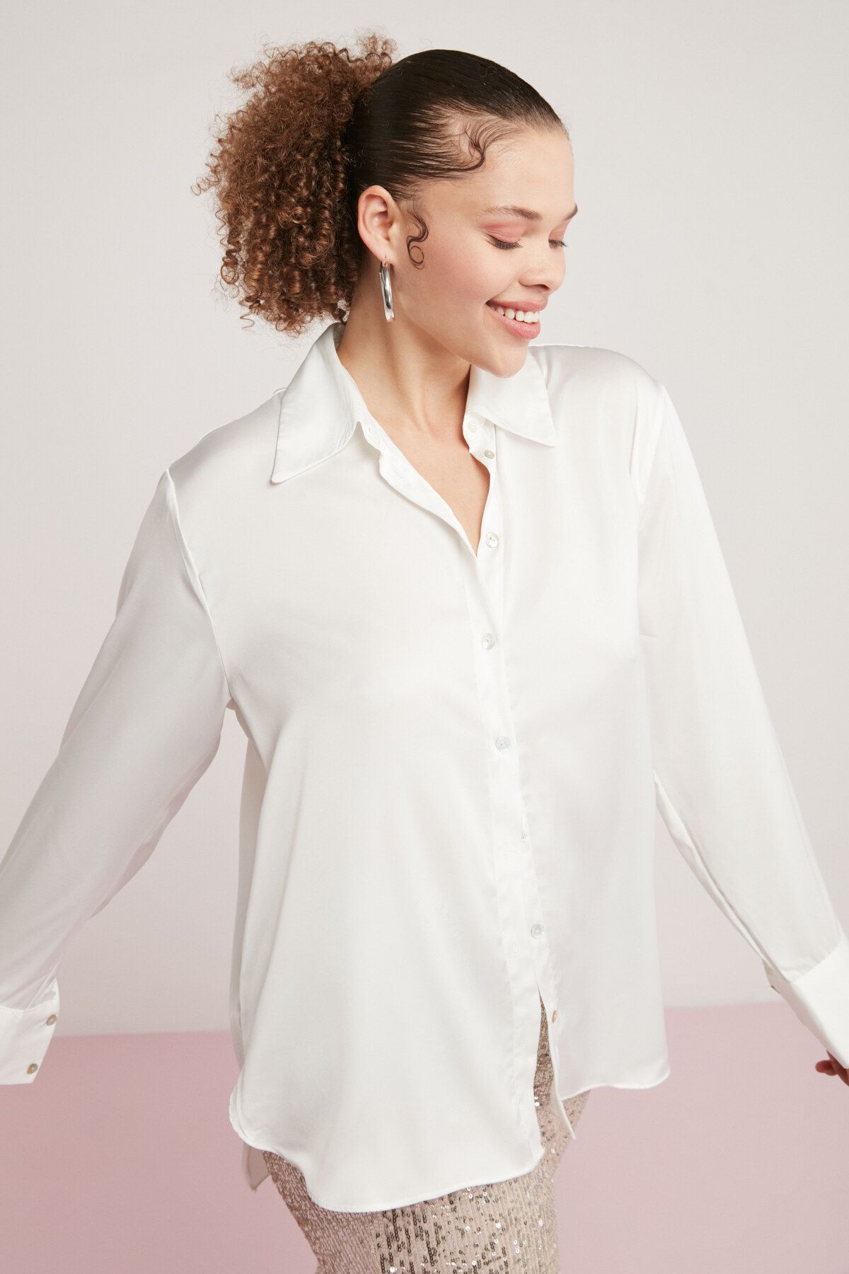 ETHIQUET-Ulıana Women's Lycra Satin Fabric Sleeve Cuffed Champagne Color Plus Size Shirt 4