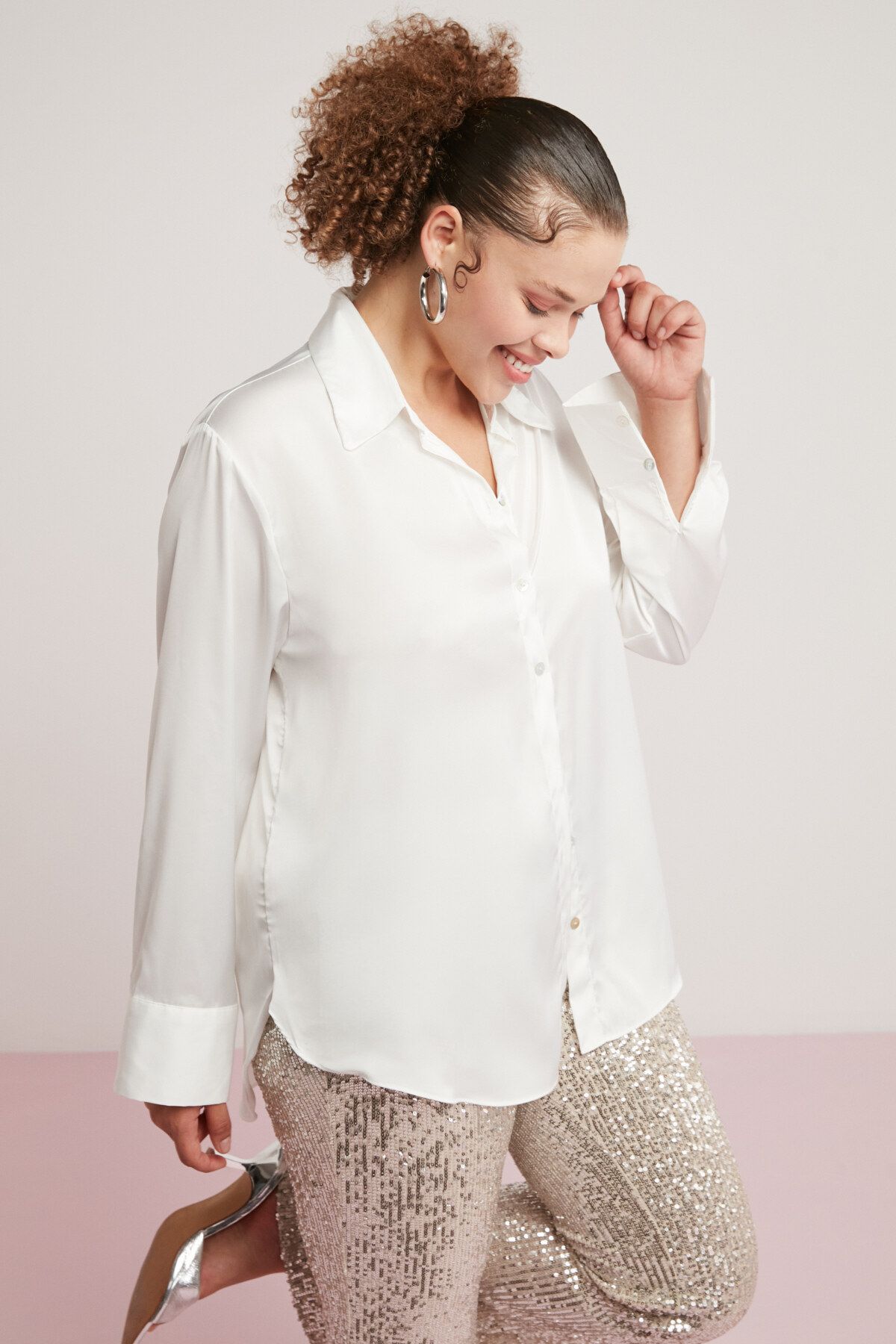 ETHIQUET-Ulıana Women's Lycra Satin Fabric Sleeve Cuffed Champagne Color Plus Size Shirt 3