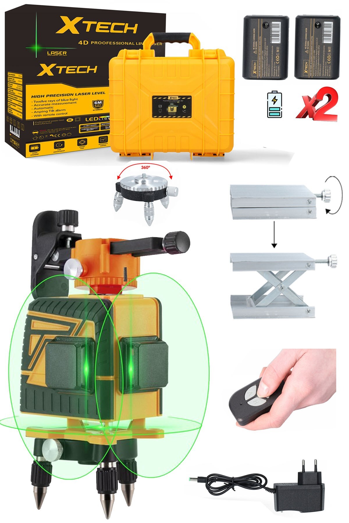 STILMAX Yüksek Hassasiyetli x2 Çift Akülü Lazer Hizalama Makinesi 12 Çizgi Yeşil Lazer Işınlı Kumandalı Set