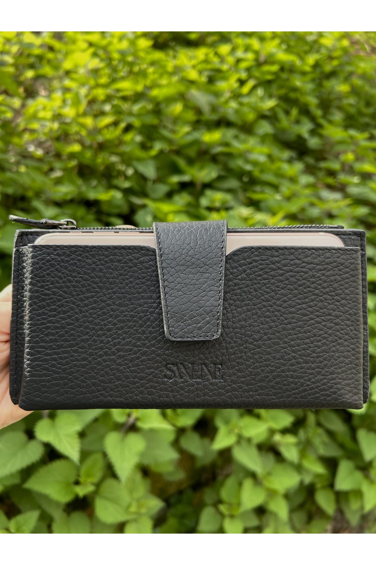 Genuine Leather Women's Wallet with Phone Compartment - Handheld Portfolio Black