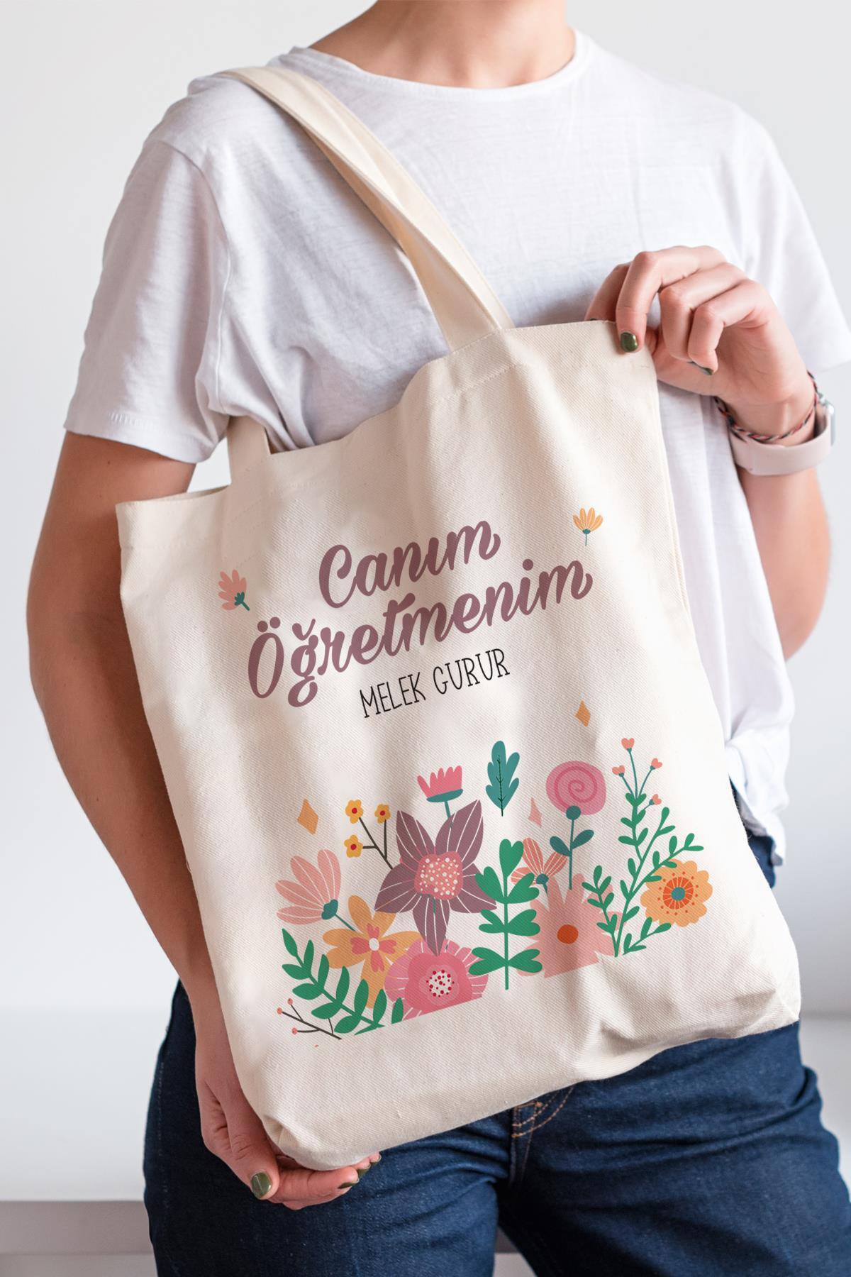 PEKSHOP Öğretmene Hediye İsim Baskılı Bez Çanta Hediyelik Canım Öğretmenim