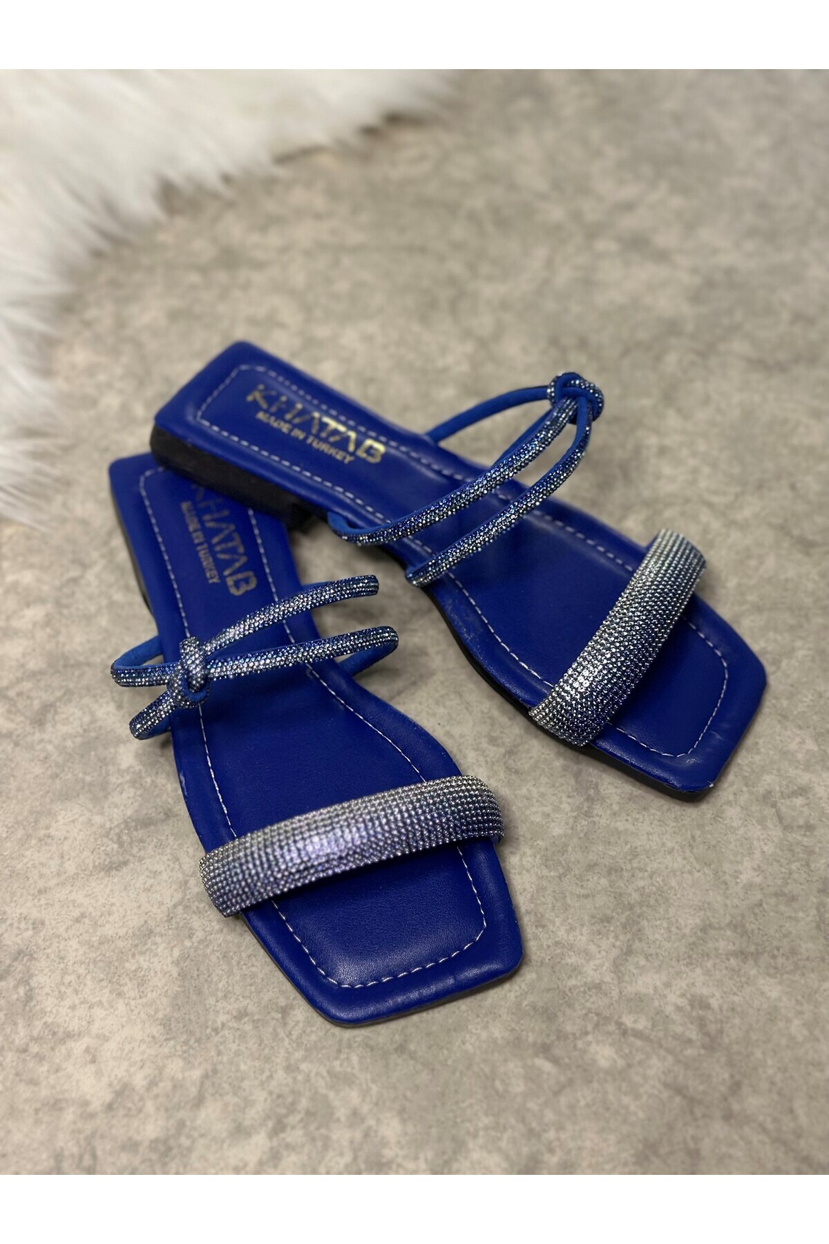 İmerShoes-Papuci albaștri de zi cu zi pentru femei cu o singură curea și toc mic, vârf tocit, talpă confortabilă, ușoară 09 7