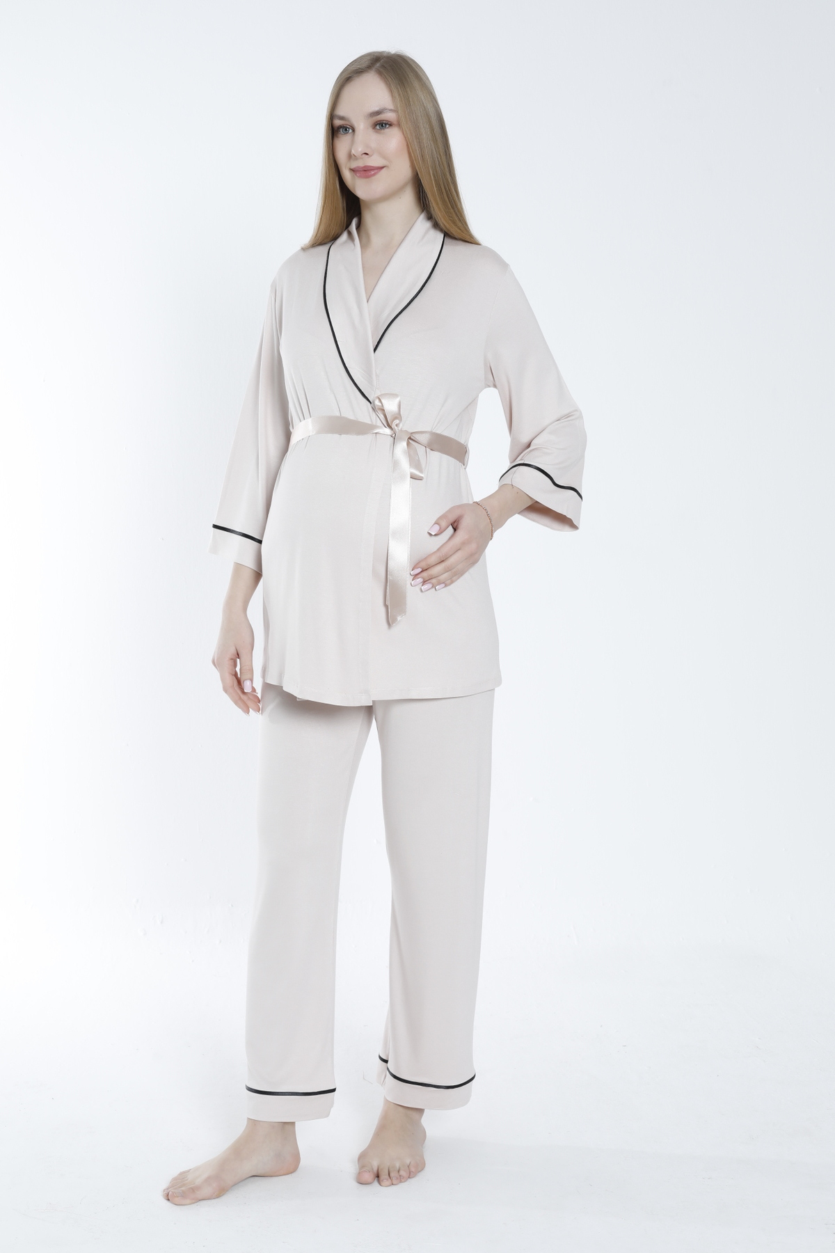 Miss Dünya Lissa Önden Bağlamalı Şerit Yakalı Hamile ve Lohusa Pijama Takımı fotoğrafı 3 (önizleme)