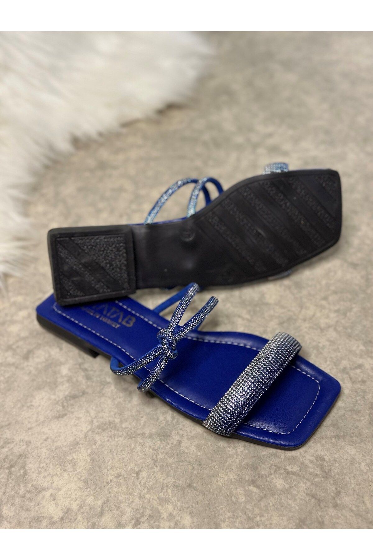 İmerShoes-Papuci albaștri de zi cu zi pentru femei cu o singură curea și toc mic, vârf tocit, talpă confortabilă, ușoară 09 6