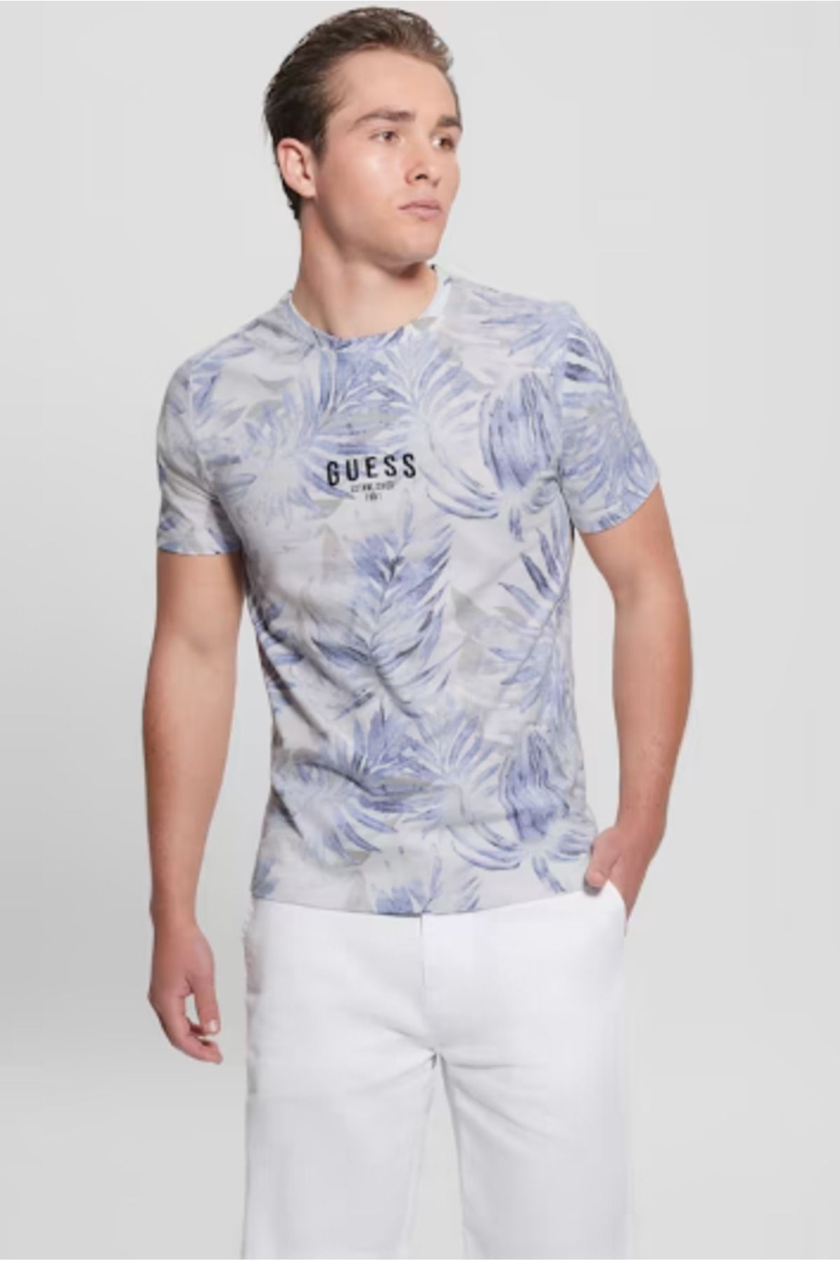 تی شرت آبی مردانه Flower t shirt اورجینال Guess