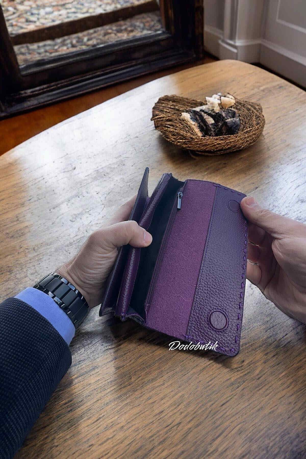 کیف پول زنانه بنفش واقعی تلفن چرمی Dodo4men