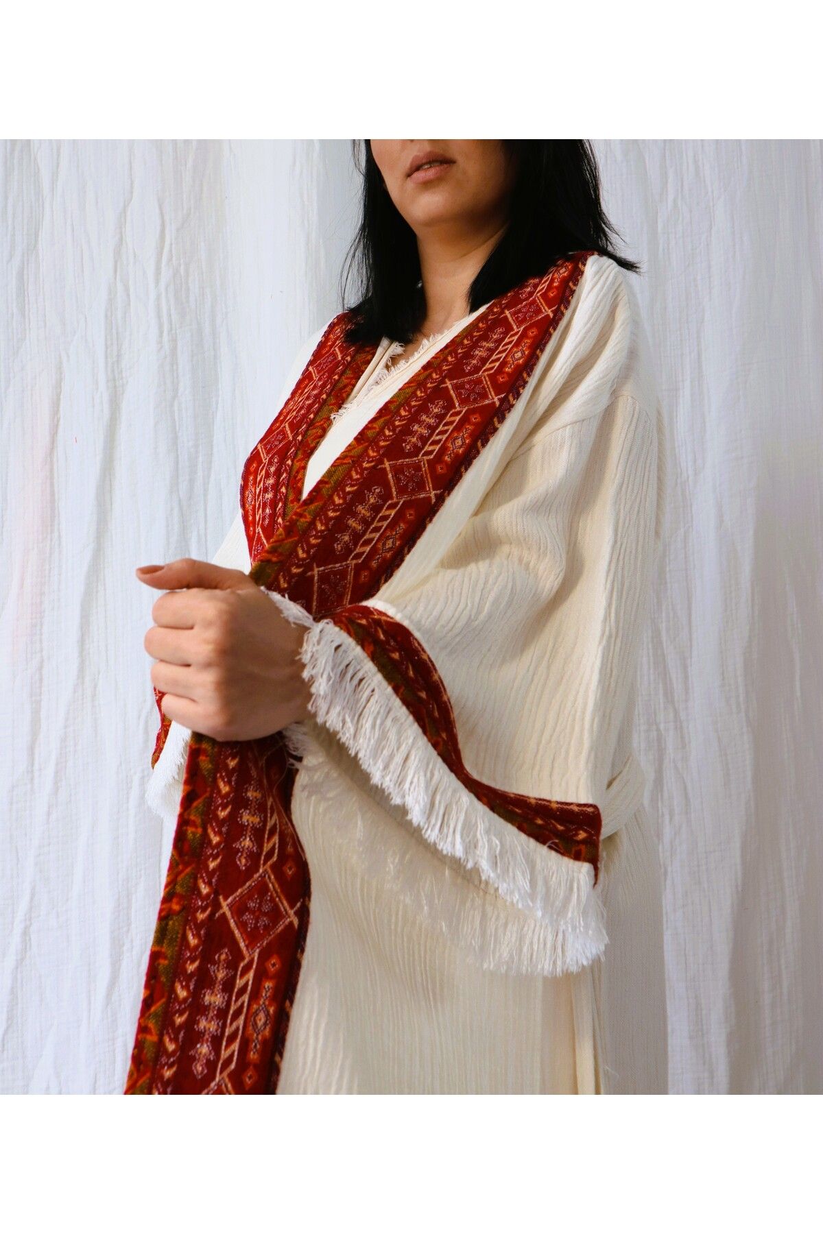 Su Koleksiyon-Tarsus Red Rug Border Muslin Kaftan 4