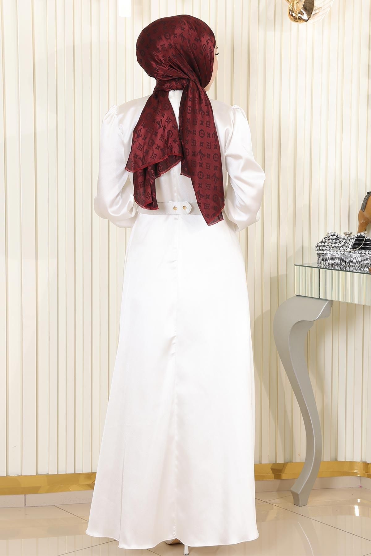Modamihram-Abendkleid aus Satin mit Gürtel Weiß 19191 4