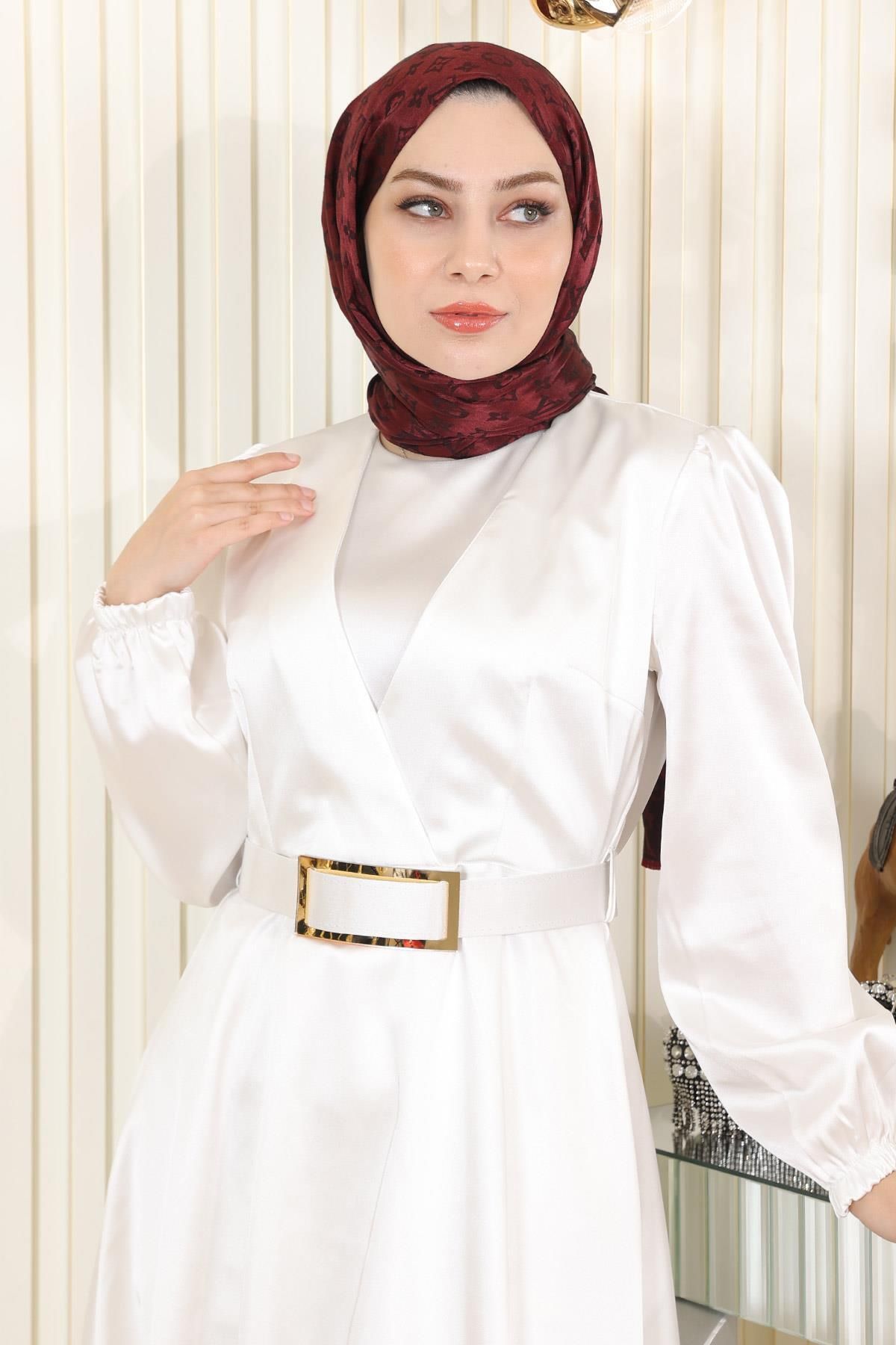 Modamihram-Abendkleid aus Satin mit Gürtel Weiß 19191 2