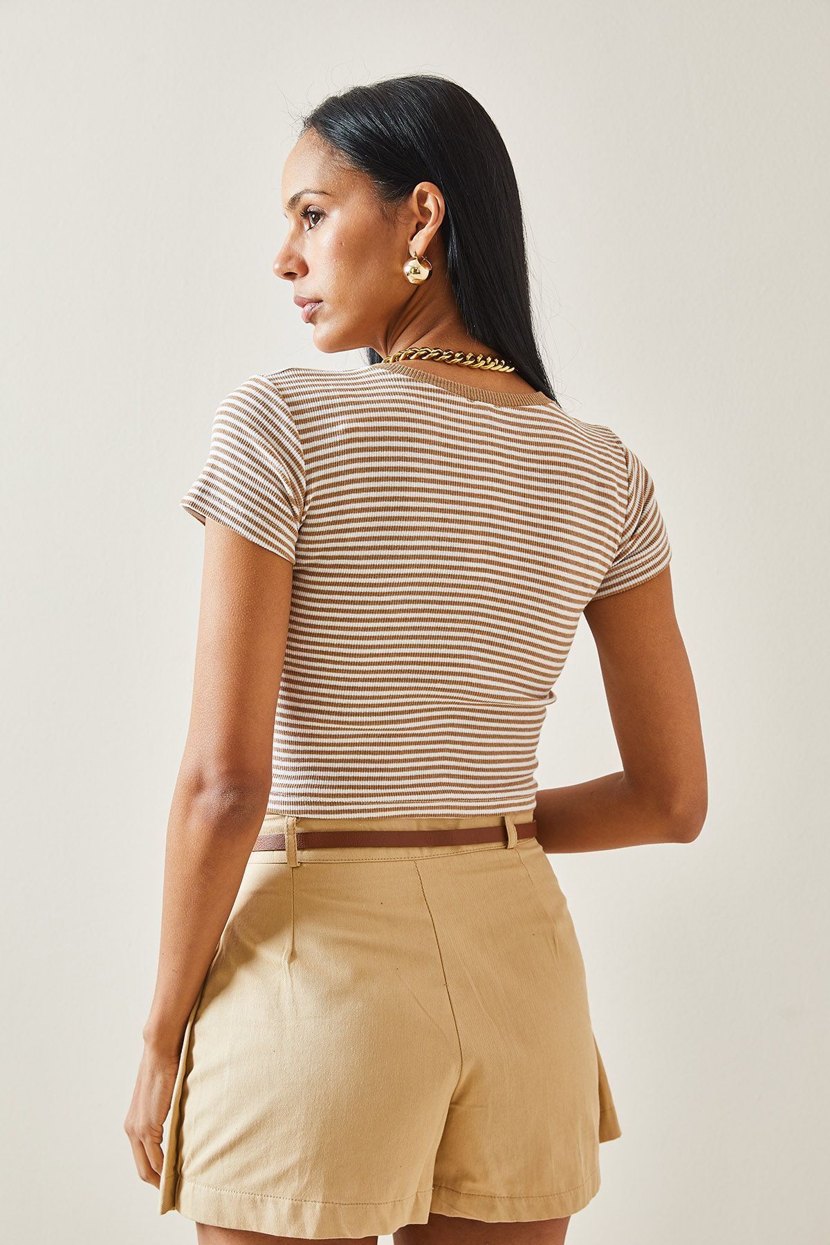 XHAN-Beige Striped Ribbed T-Shirt 5YXK1-48288-25 4