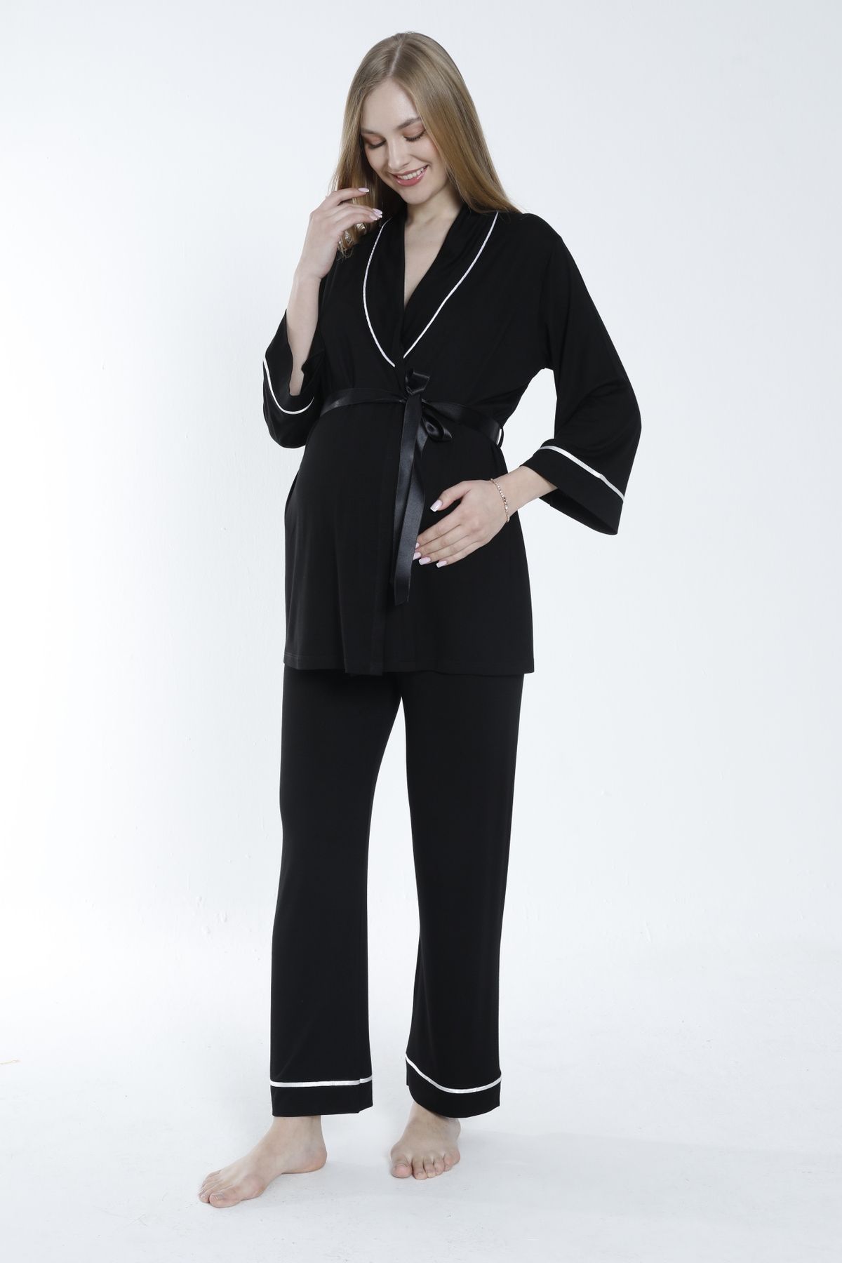 Miss Dünya Lissa-Pregnant and Maternity Pajamas Set with Front Tie and Large Stripe Collar 3
