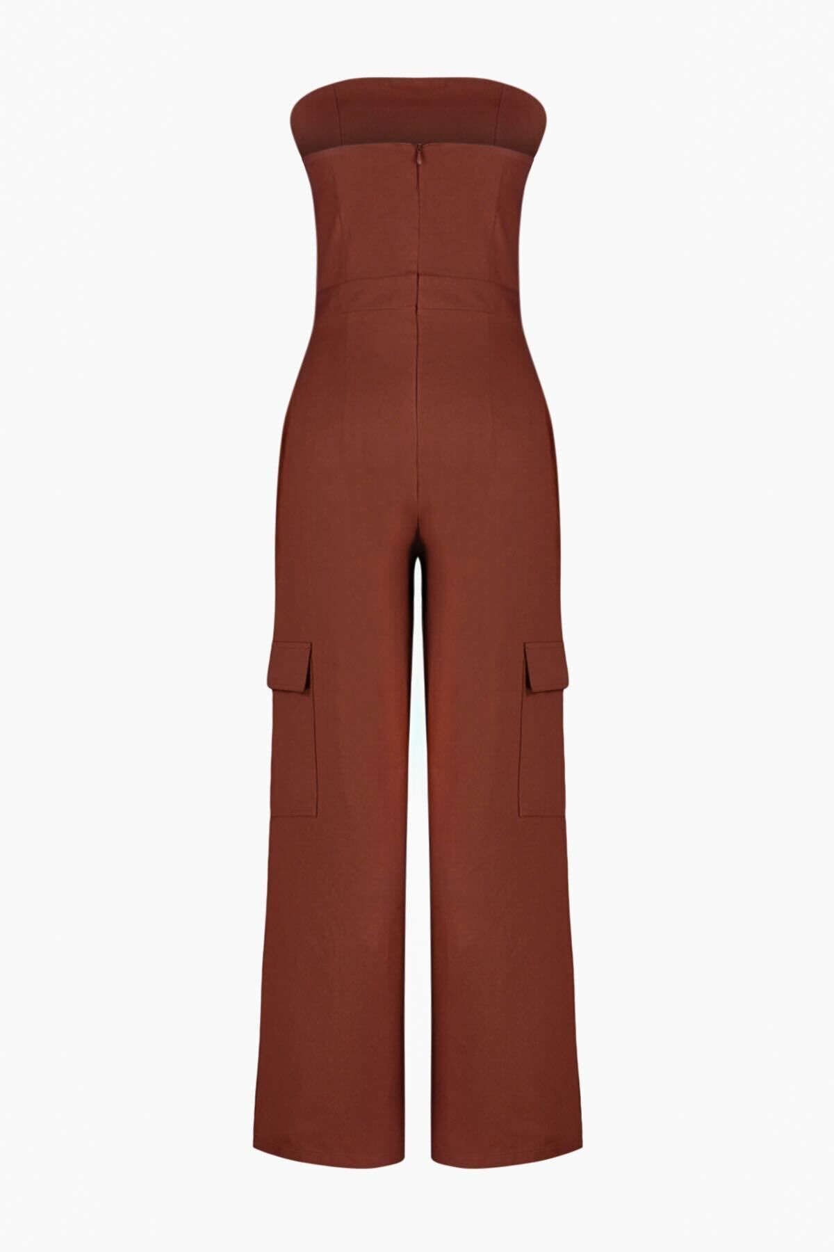 Trendyol Collection-Brown Cargo Pocket Strapless Collar Maxi Woven Jumpsuit TWOSS23TU00192 14