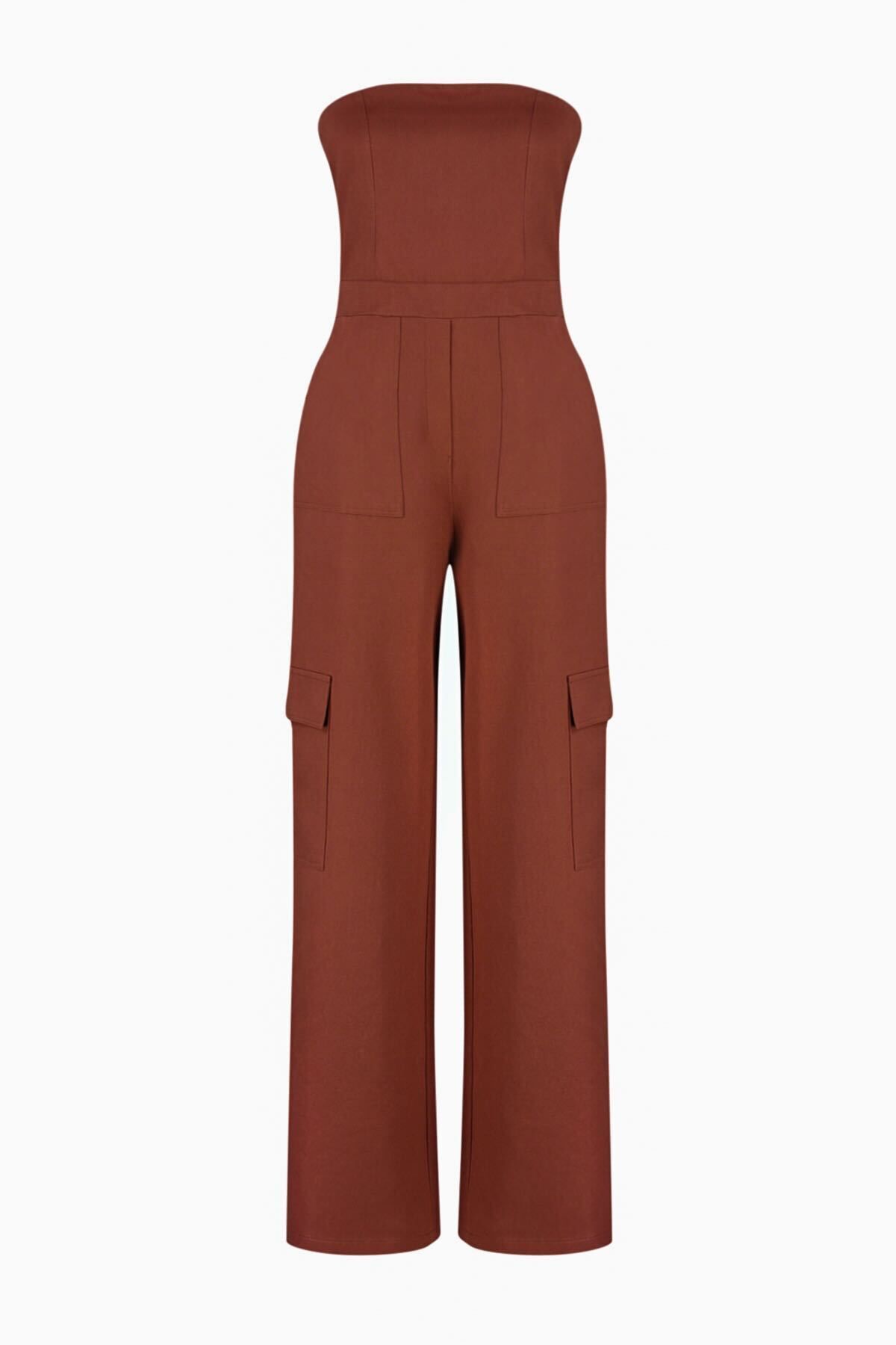 Trendyol Collection-Brown Cargo Pocket Strapless Collar Maxi Woven Jumpsuit TWOSS23TU00192 13