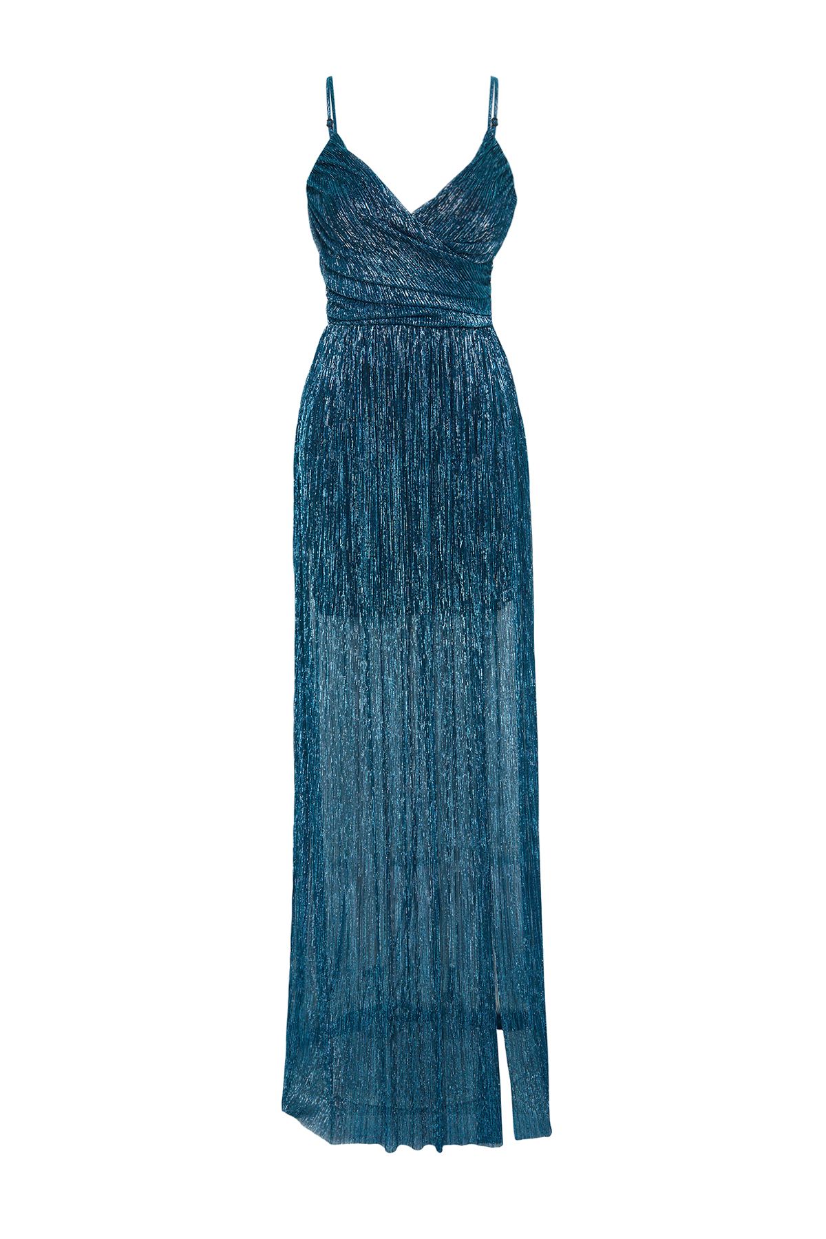 Trendyol Collection Funkelndes langes Abendkleid aus Strick in A Form in Petrol TPRSS24AE00100 Trendyol