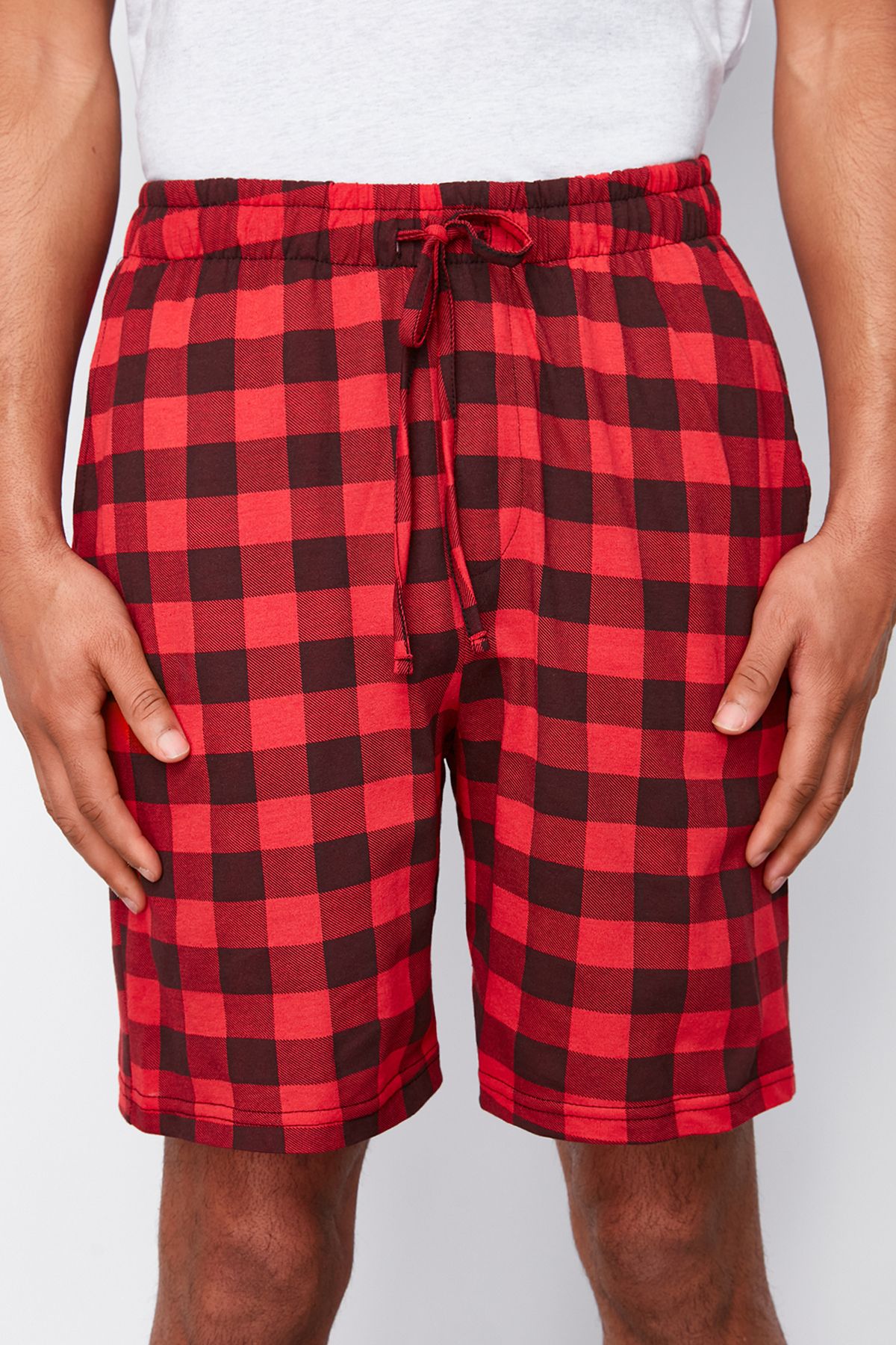 Trendyol Collection Gray Red Regular Fit Plaid Embroidered Knitted Shorts Pajamas Set TMNSS24PT00032 Trendyol