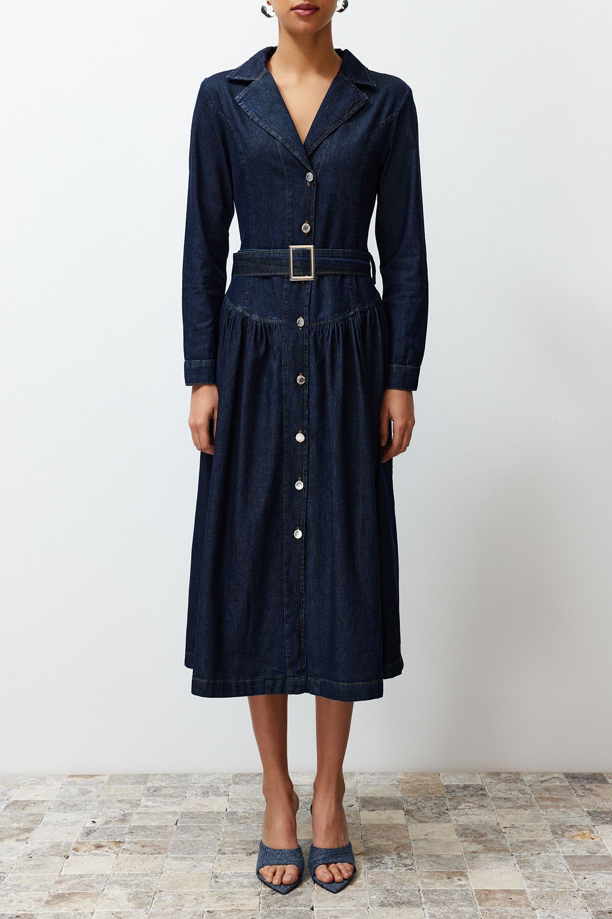 Trendyol Collection-Jacket Lapel Maxi Denim Dress with Belt - Twoss24El00776 4