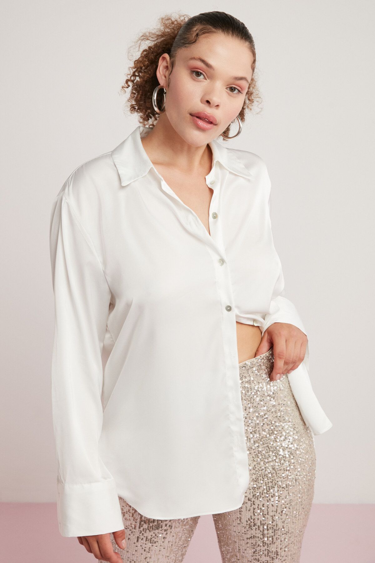 ETHIQUET-Ulıana Women's Lycra Satin Fabric Sleeve Cuffed Champagne Color Plus Size Shirt 2