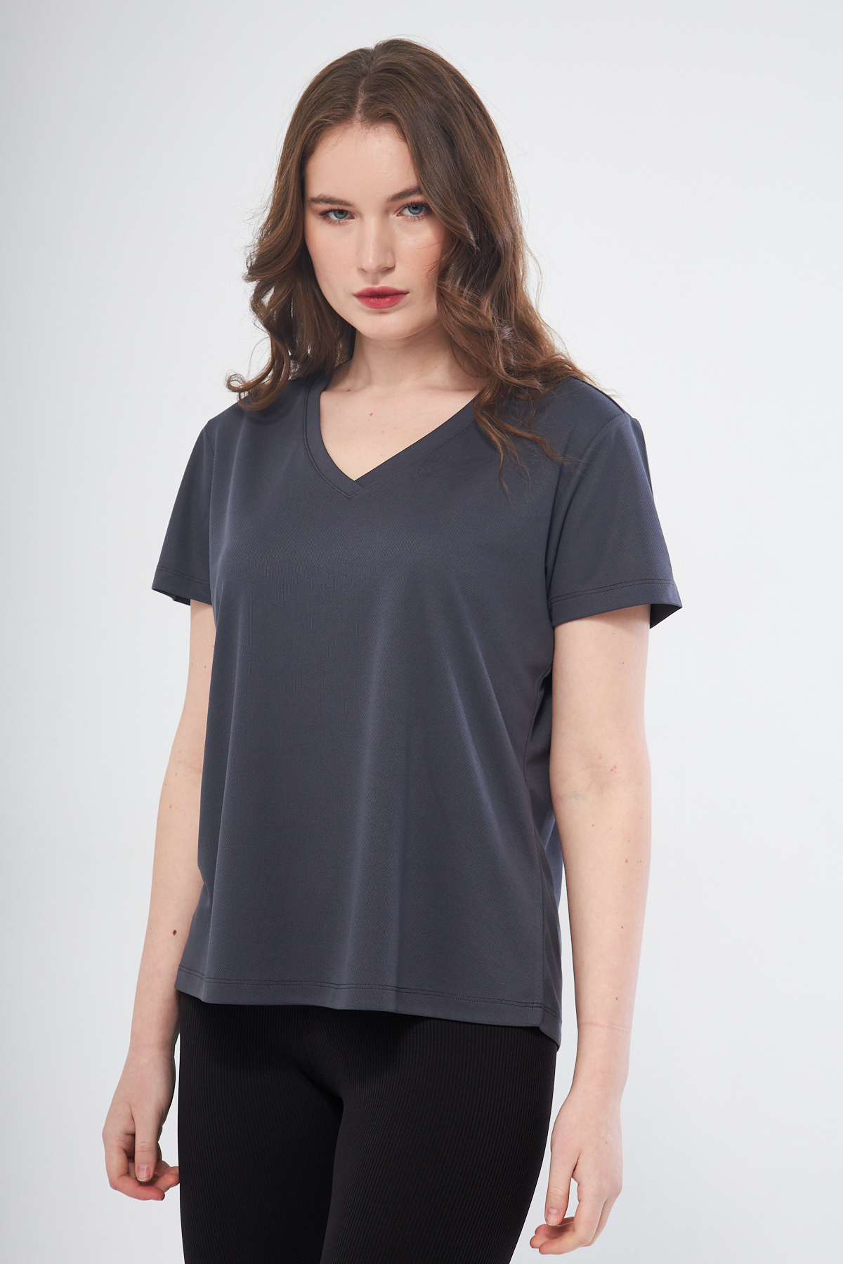 Moda Işık Spor T-shirt Antrasit Renk V Yaka Düz görsel 6