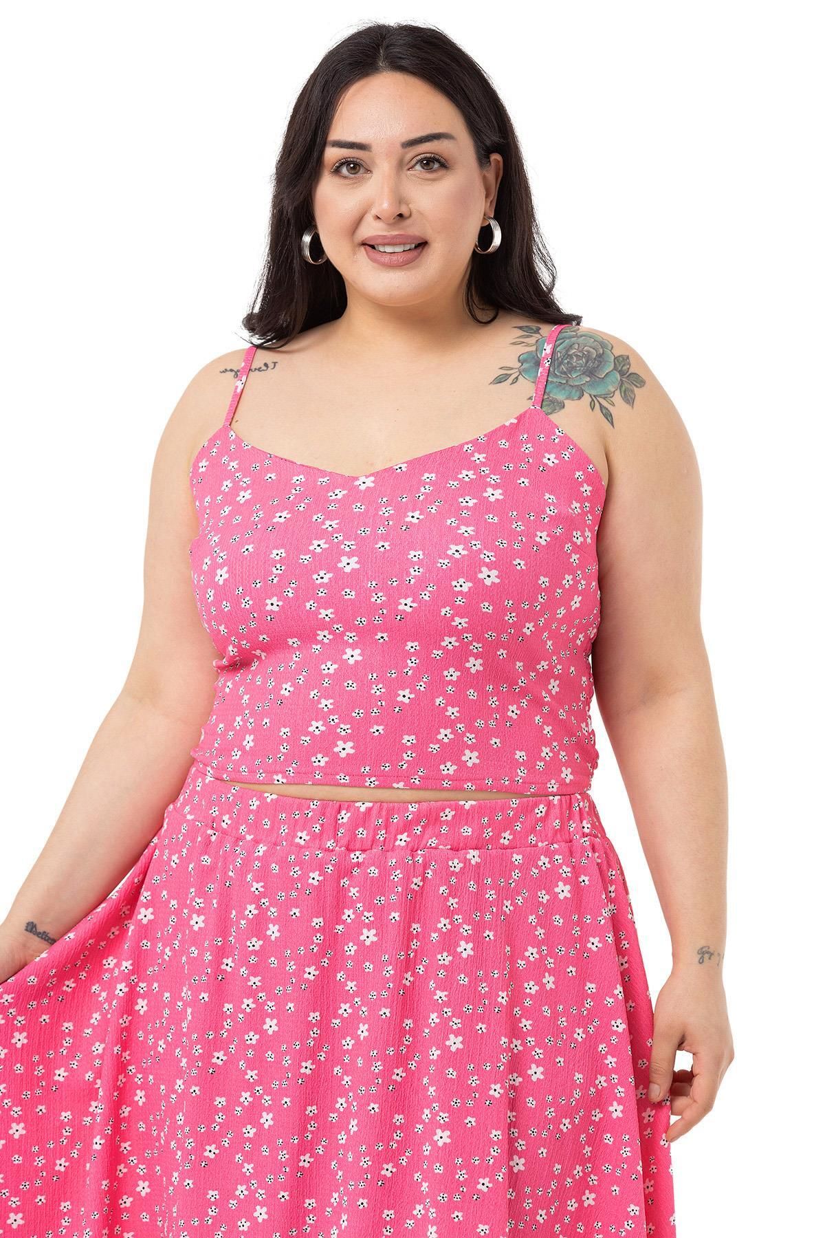 DISENTIS MODEST-Plus Size Adjustable Thin Strap Blouse Skirt Fuchsia Double Set 4