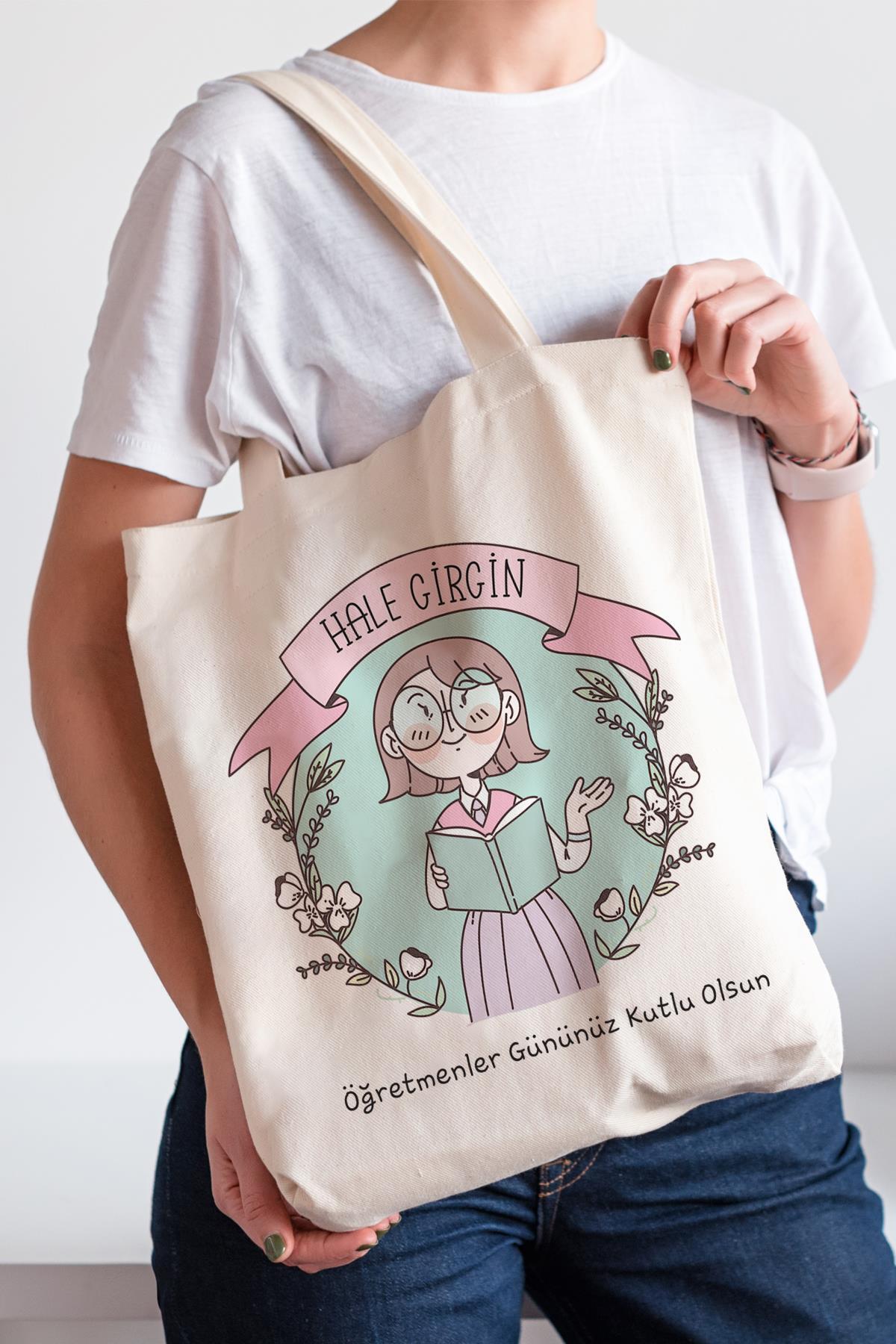 PEKSHOP Öğretmene Hediye İsim Baskılı Bez Çanta Hediyelik Öğretmen Çizimli