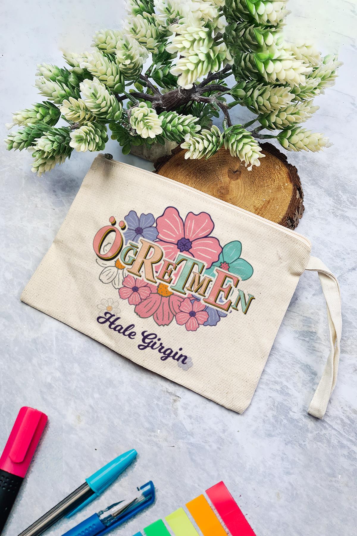 PEKSHOP İsme Özel Öğretmenler Günü Hediyesi Clutch Çanta Çiçekli