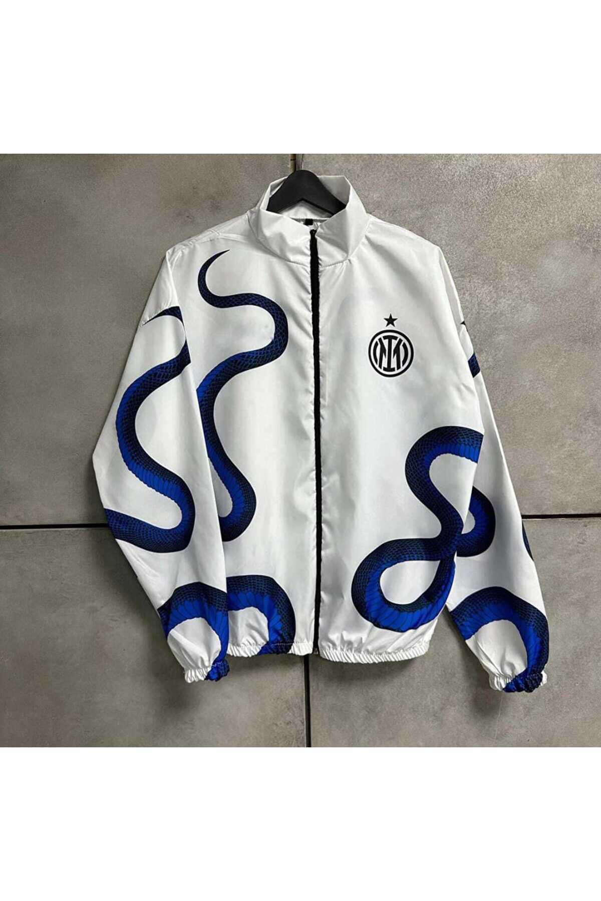 Lushen Beyaz Yılan Desenli Unisex Dijital Baskı Paraşüt Kumaş Oversize Baskılı Siyah Rüzgarlık Yağmurluk