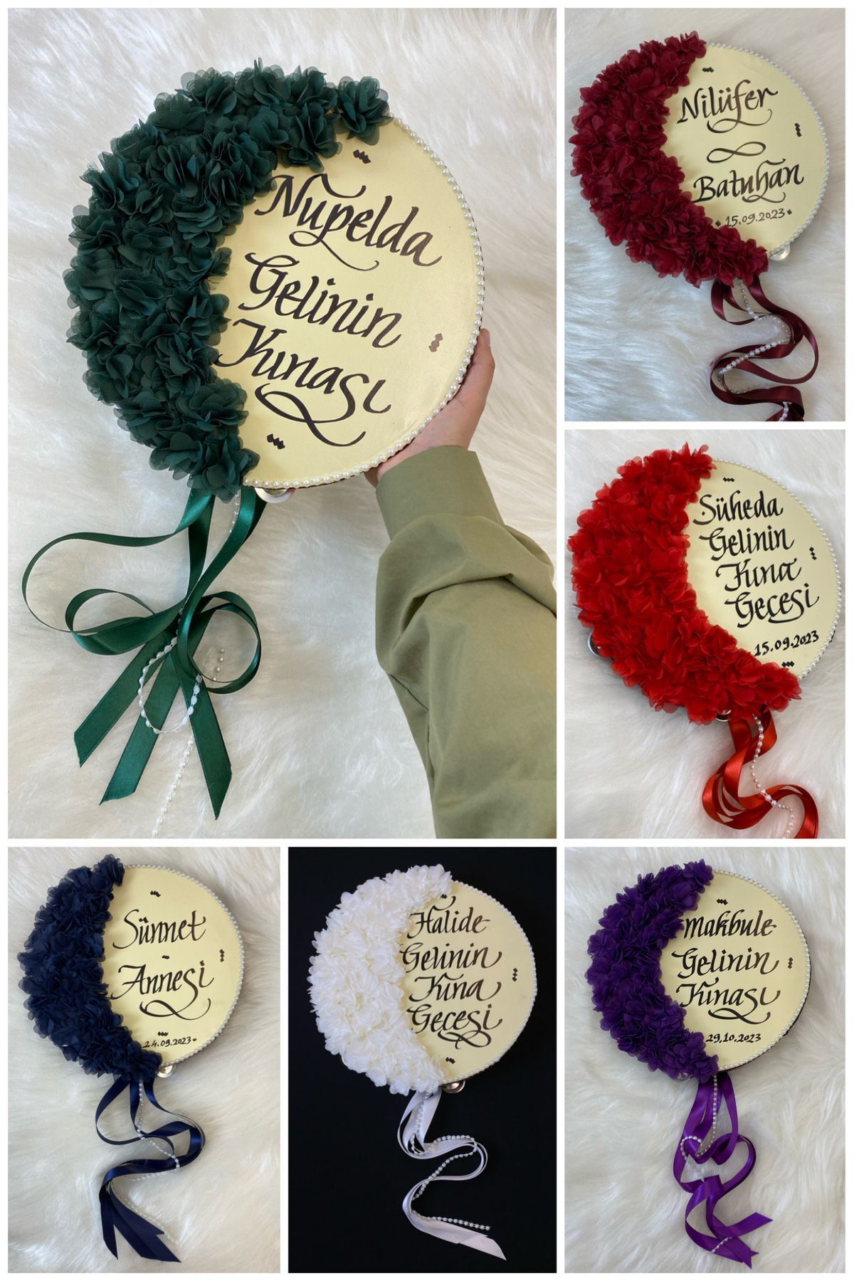 ZEYMERADE Gelin Tefi 24cm, Üç Boyutlu Çiçek Saten Kurdele Inci Süslemeli, 12 Renk, Düğün Kına Nedime Sünnet