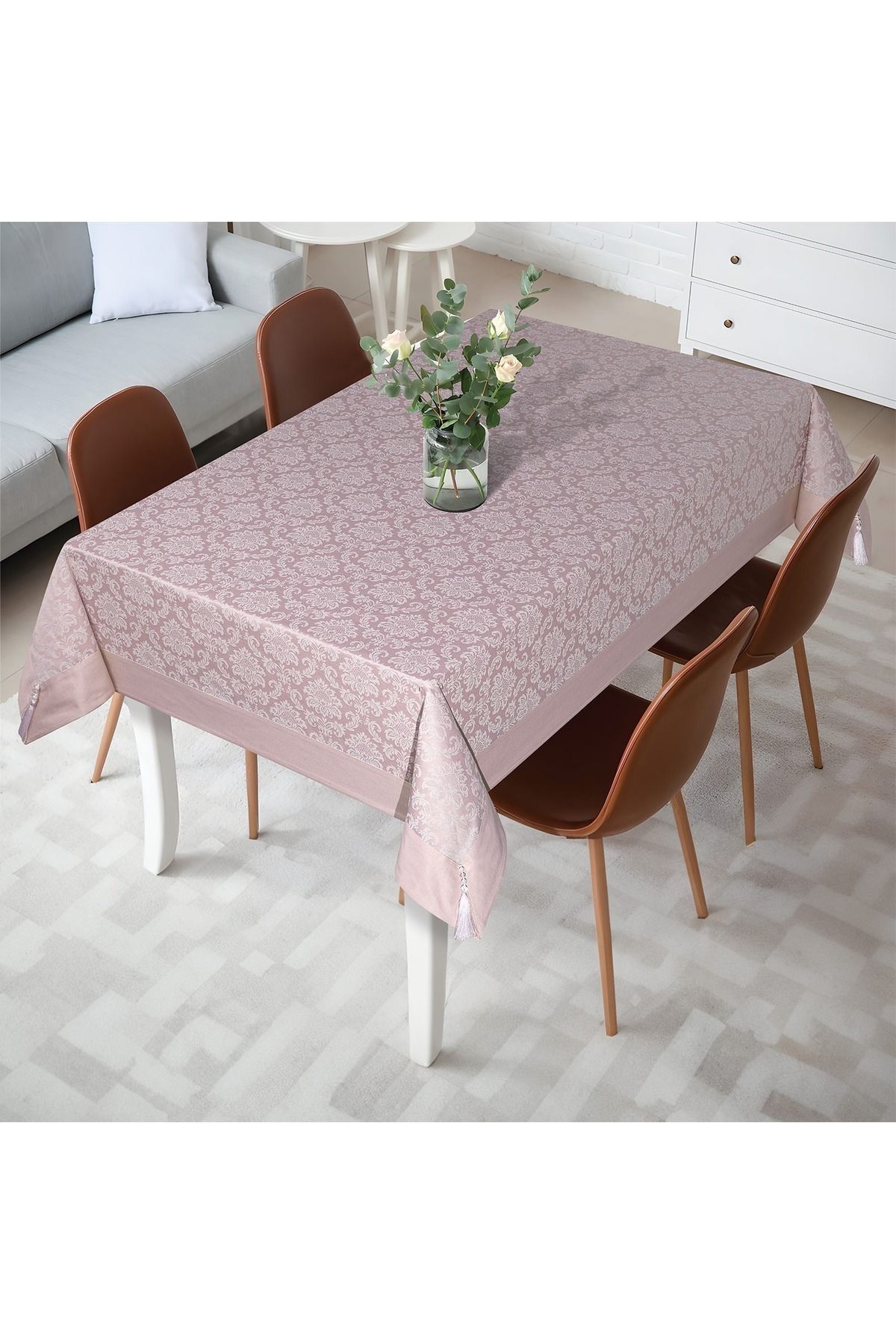 Tropikhome-مفرش طاولة فاخر من القطن باللون الوردي البودرة بنمط دمشقي - 160x220 سم 6