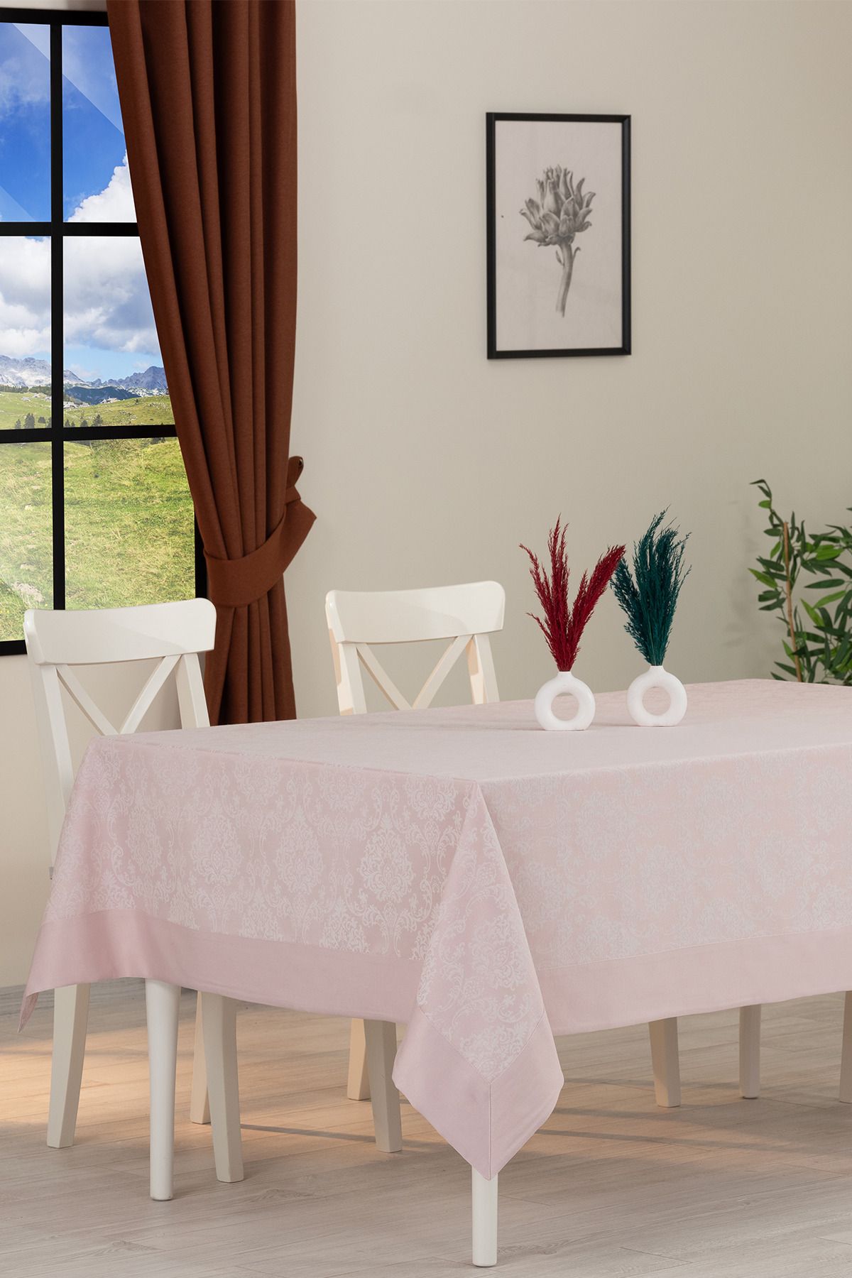 Tropikhome-مفرش طاولة فاخر من القطن باللون الوردي البودرة بنمط دمشقي - 160x220 سم 4
