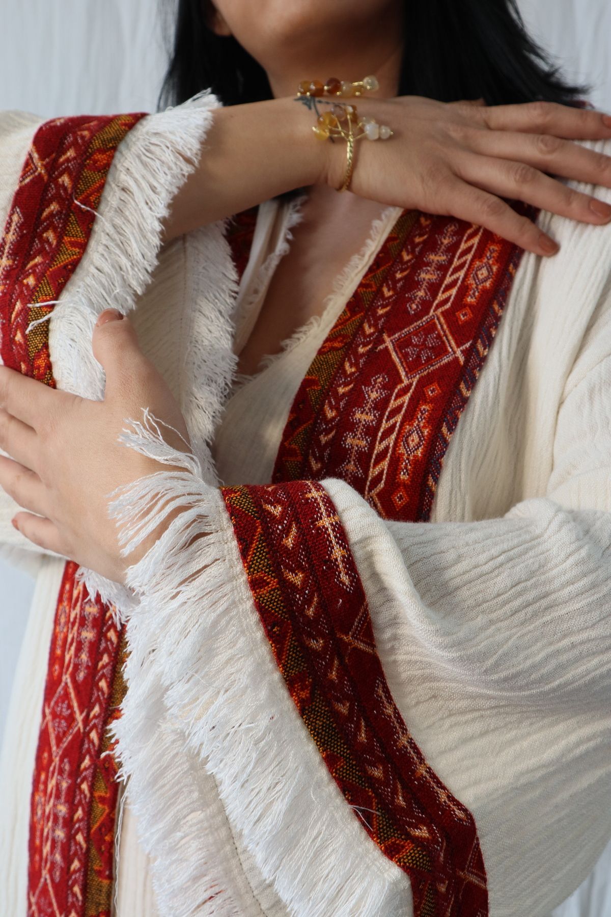 Su Koleksiyon-Tarsus Red Rug Border Muslin Kaftan 2