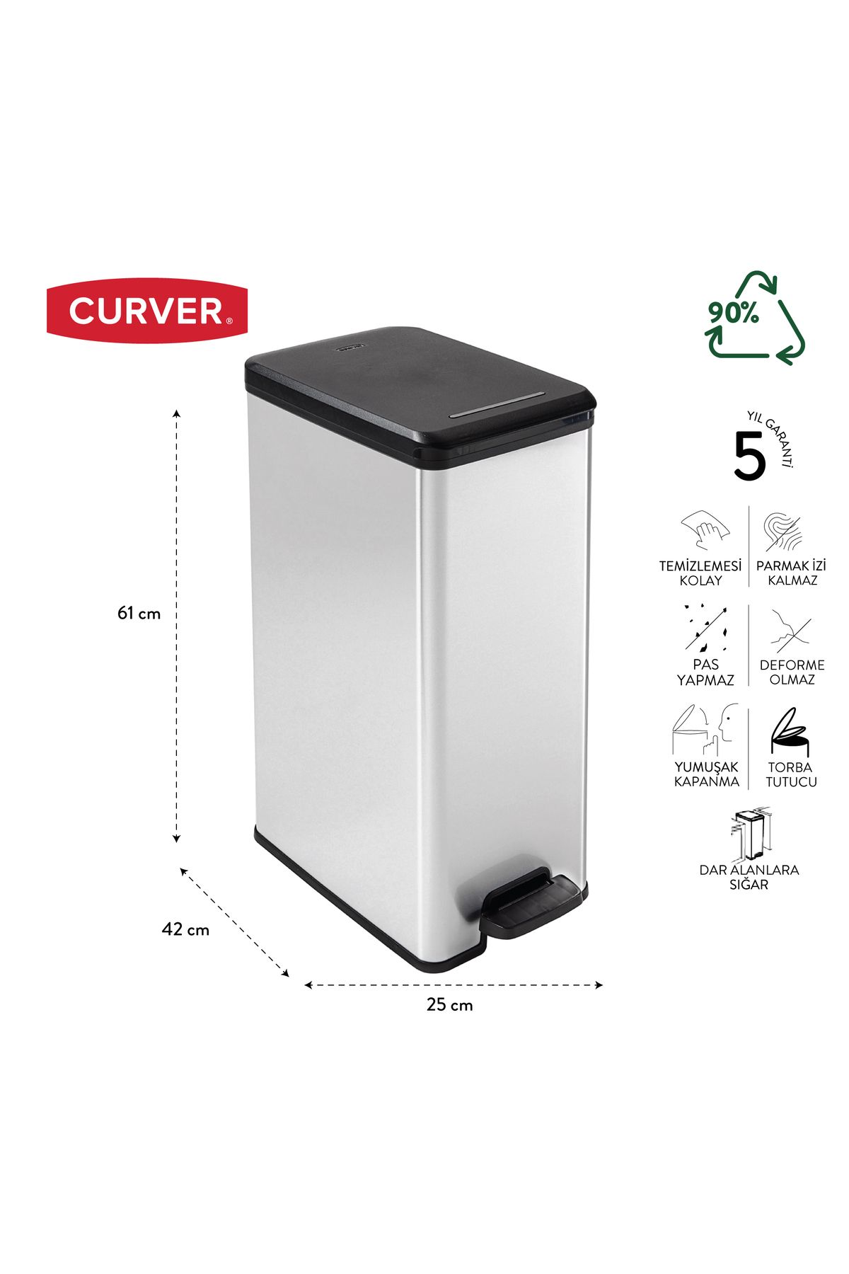 CURVER-Decobin Slim 40L Metal Look, Soft Closure, Pedal, 1St Class Plastic, Trash Can 5