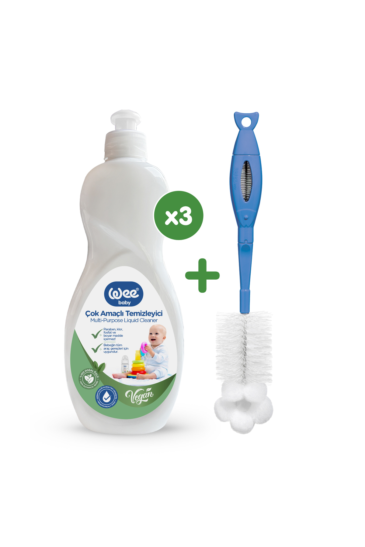 Wee Baby Vegan Çok Amaçlı Temizleyici (3 ADET) & Biberon Temizleme Fırçası