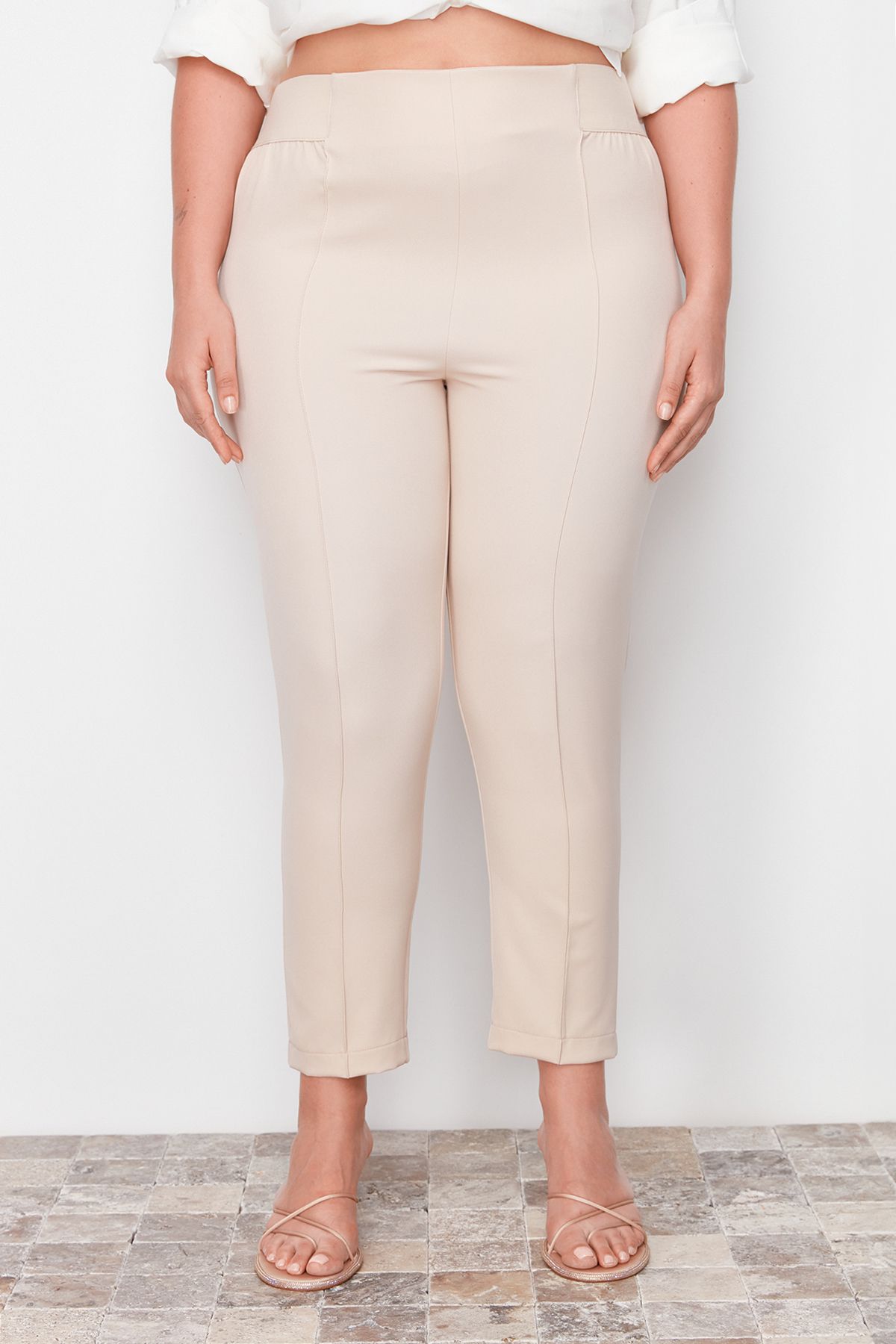 Trendyol Curve-Béžové tkané kalhoty z elastického pasu Tbbss22Ar0020 4
