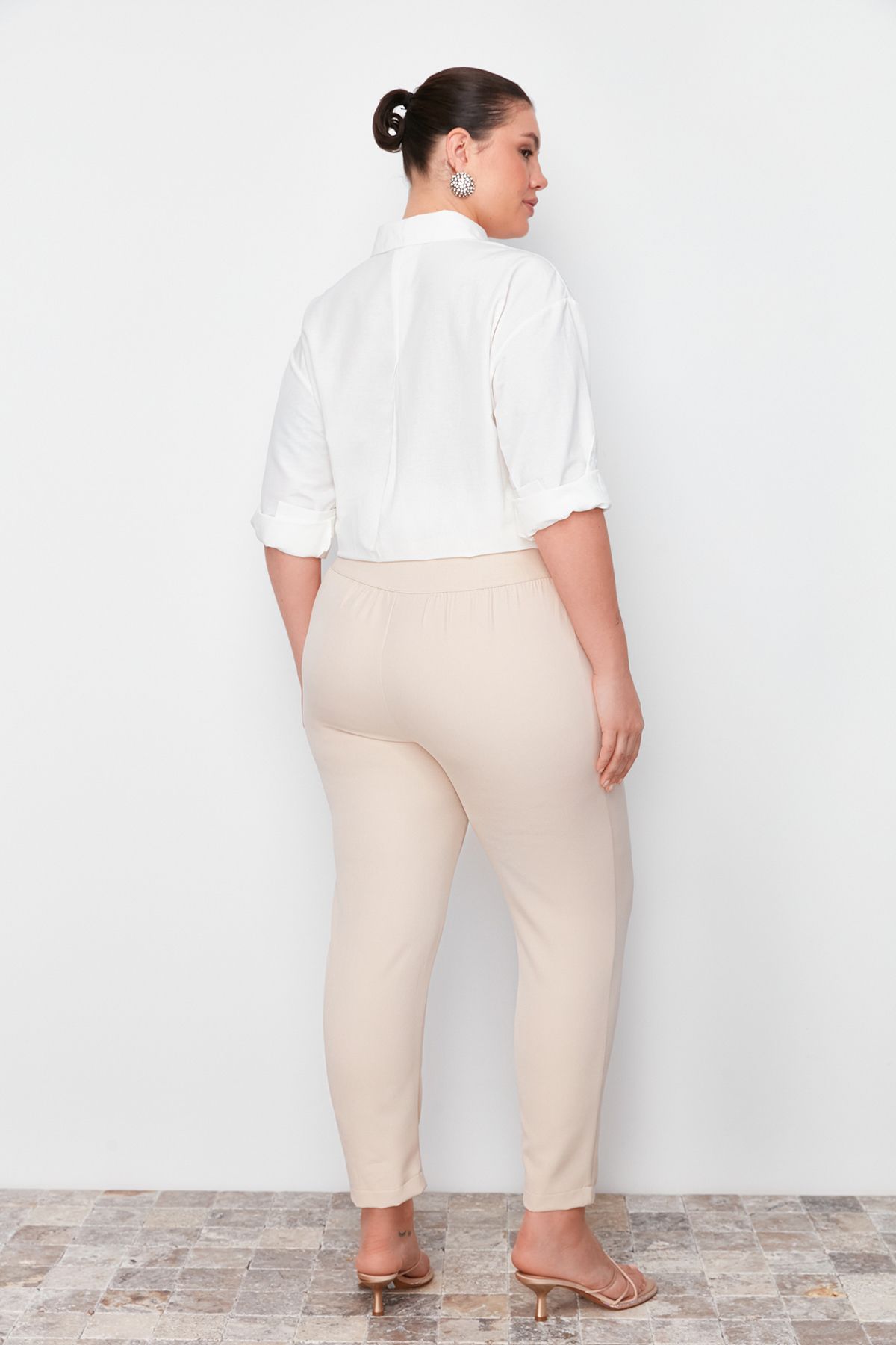 Trendyol Curve-Béžové tkané kalhoty z elastického pasu Tbbss22Ar0020 6