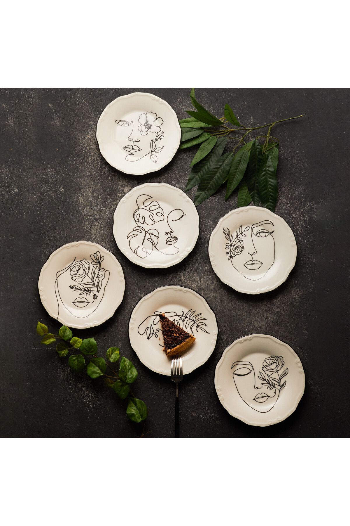 Karaca-Face Torten Set für 6 Personen, Tortenplatte, Porzellan, Torten Deko Torten-Platte 12
