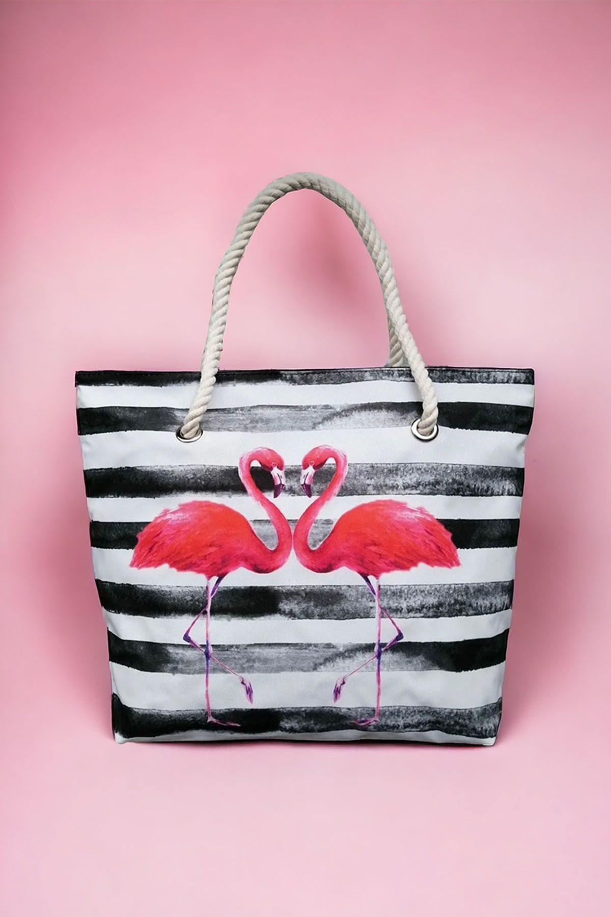 AGOCANTA Women s Black Striped Flamingo Beach Bag Trendyol