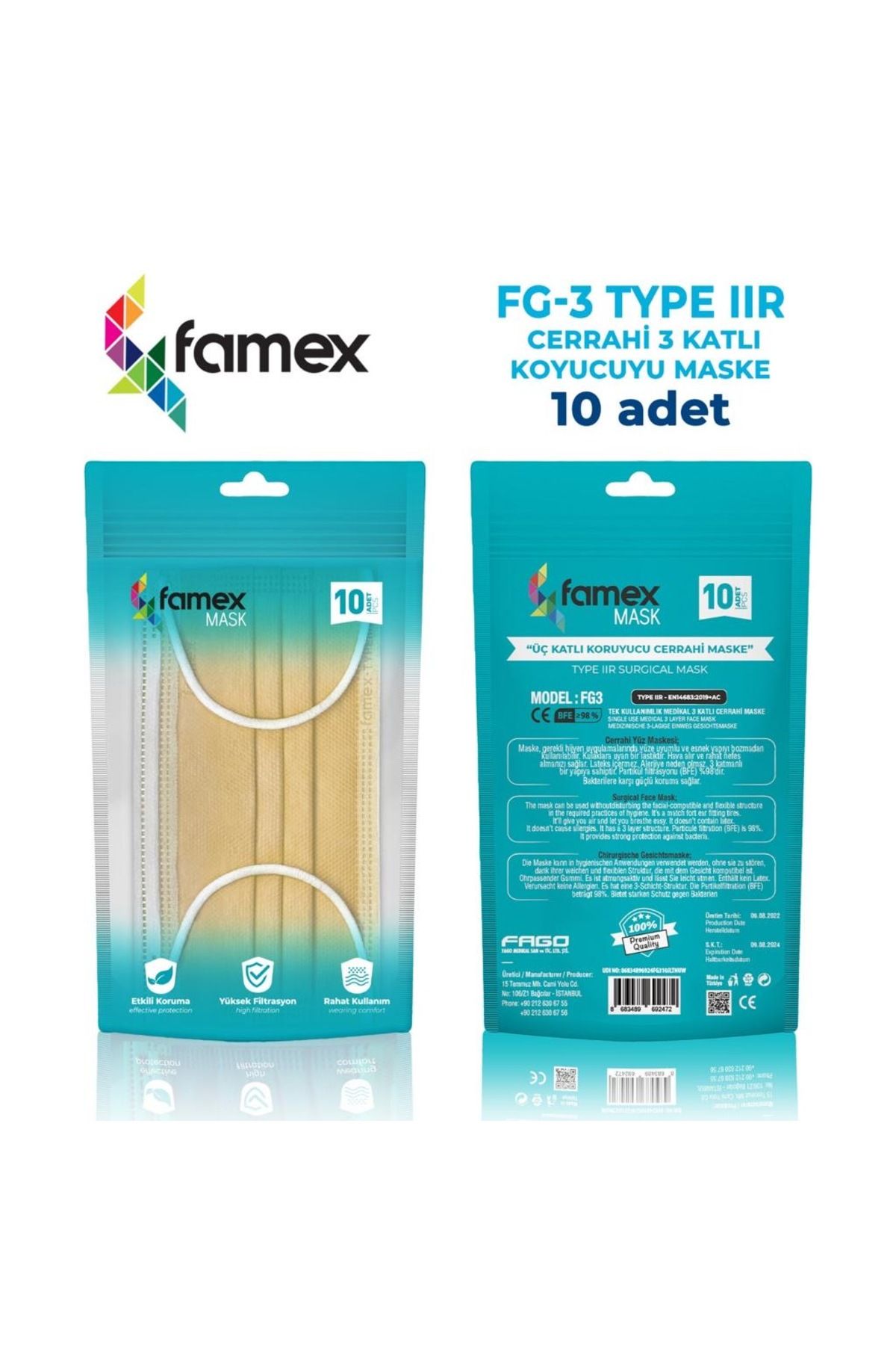 Genel Markalar Famex Cerrahi Maske / FG-3 TYPE IIR CERRAHİ 3 KATLI KORUYUCU MASKE