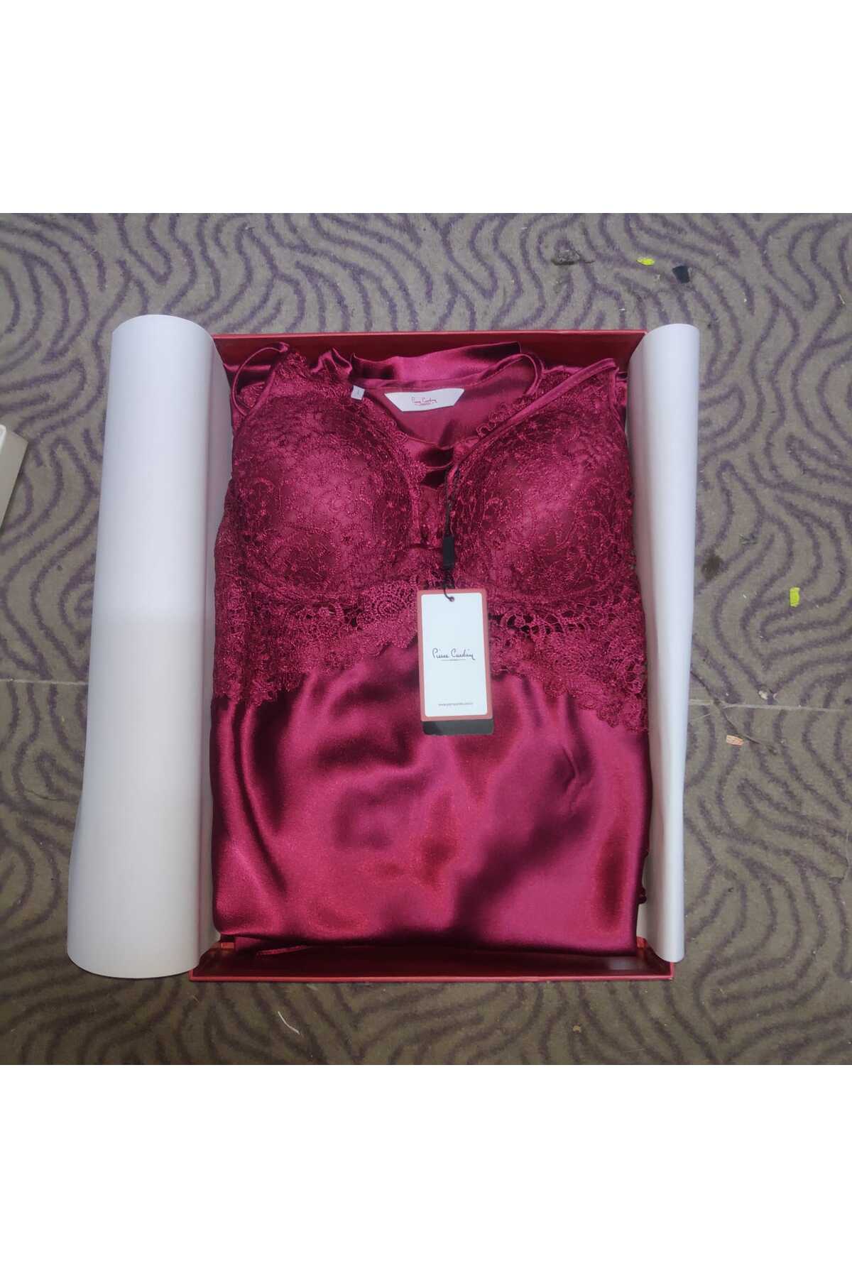 Pierre Cardin Kadın Bordo 6 Parça Dantel Detaylı Saten Gecelik-Sabahlık-Pijama-Şort Çeyiz Seti 6625