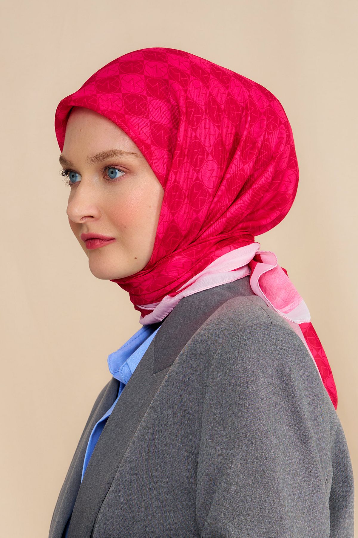 Modakaşmir-Mk Checker Cotton Scarf Fuchsia 3