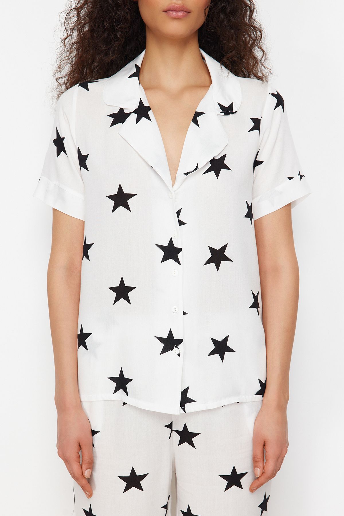 Trendyol Collection-White Star Pattern Viscose Woven Pajamas Set THMSS24PT00293 4