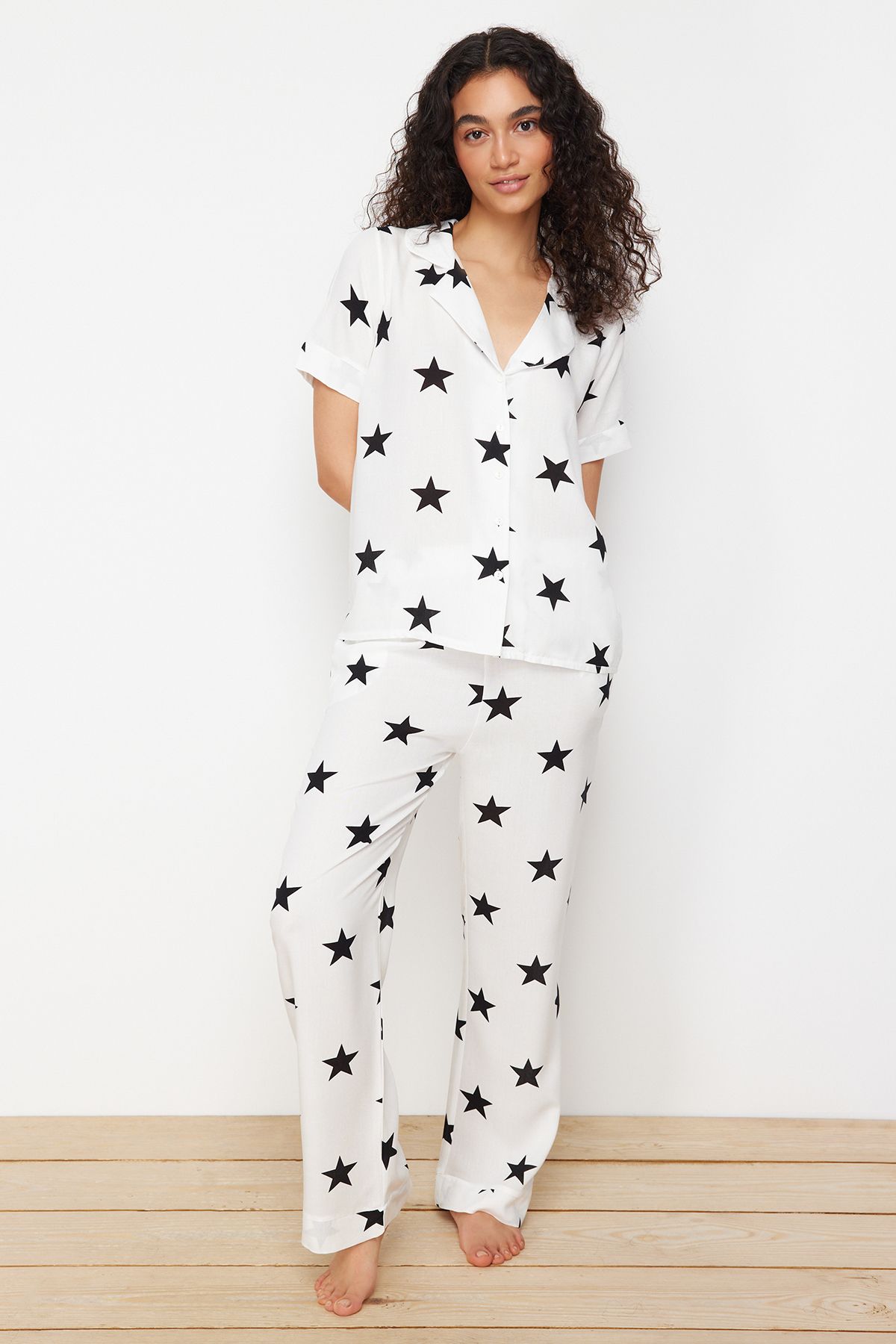 Trendyol Collection-White Star Pattern Viscose Woven Pajamas Set THMSS24PT00293 3