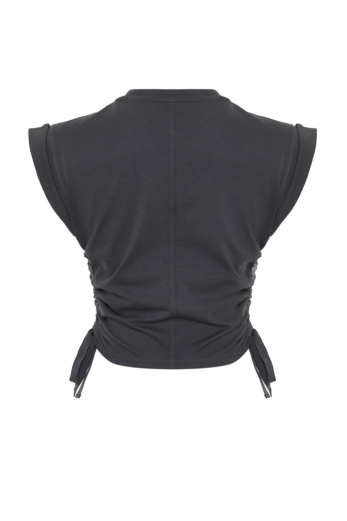 Trendyolmilla  Antrasit %100 Kalın Pamuklu Büzgü Detaylı Crop Yarasa Kol Örme T-Shirt TWOSS24TS00026 - Görsel 8