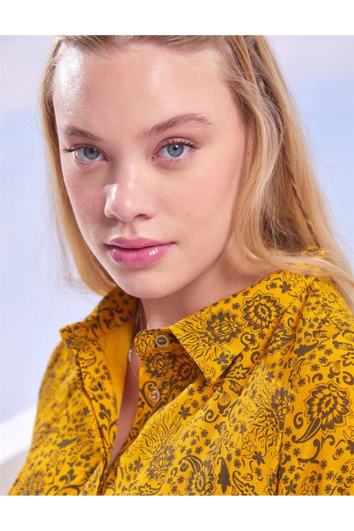 Kayra-Mustard Patterned Ethnic Shirt Collar Dress 2