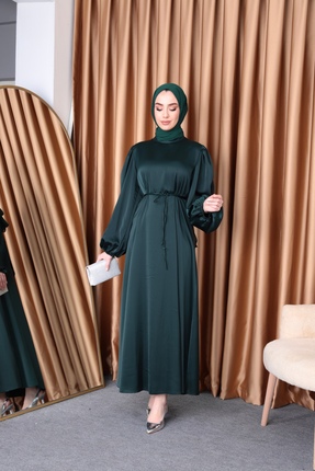Aranlı tekstil Balon Kol Saten Tesettür Oversize Biye Kuşaklı Tesettür Elbise