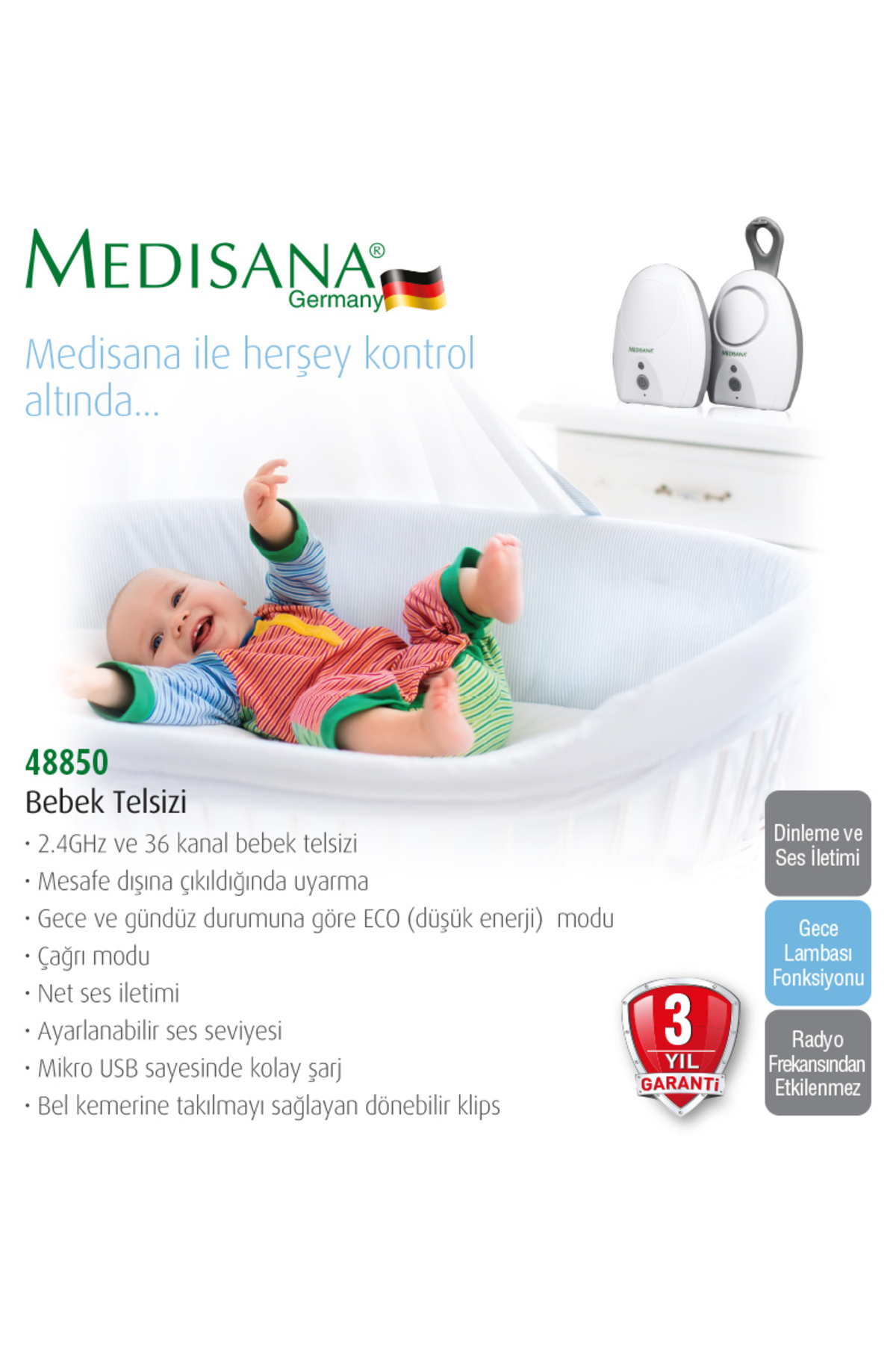 medisana Gece Lambalı 36 Kanal Bebek Monitörü Telsizi fotoğrafı 2 (önizleme)