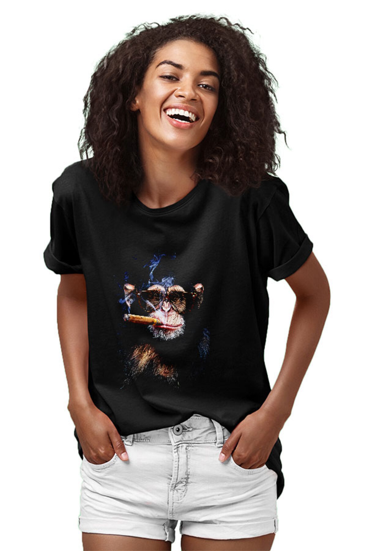 Darkhane-Black Unisex Cigar Smoker Chimpanzee T-Shirt 2
