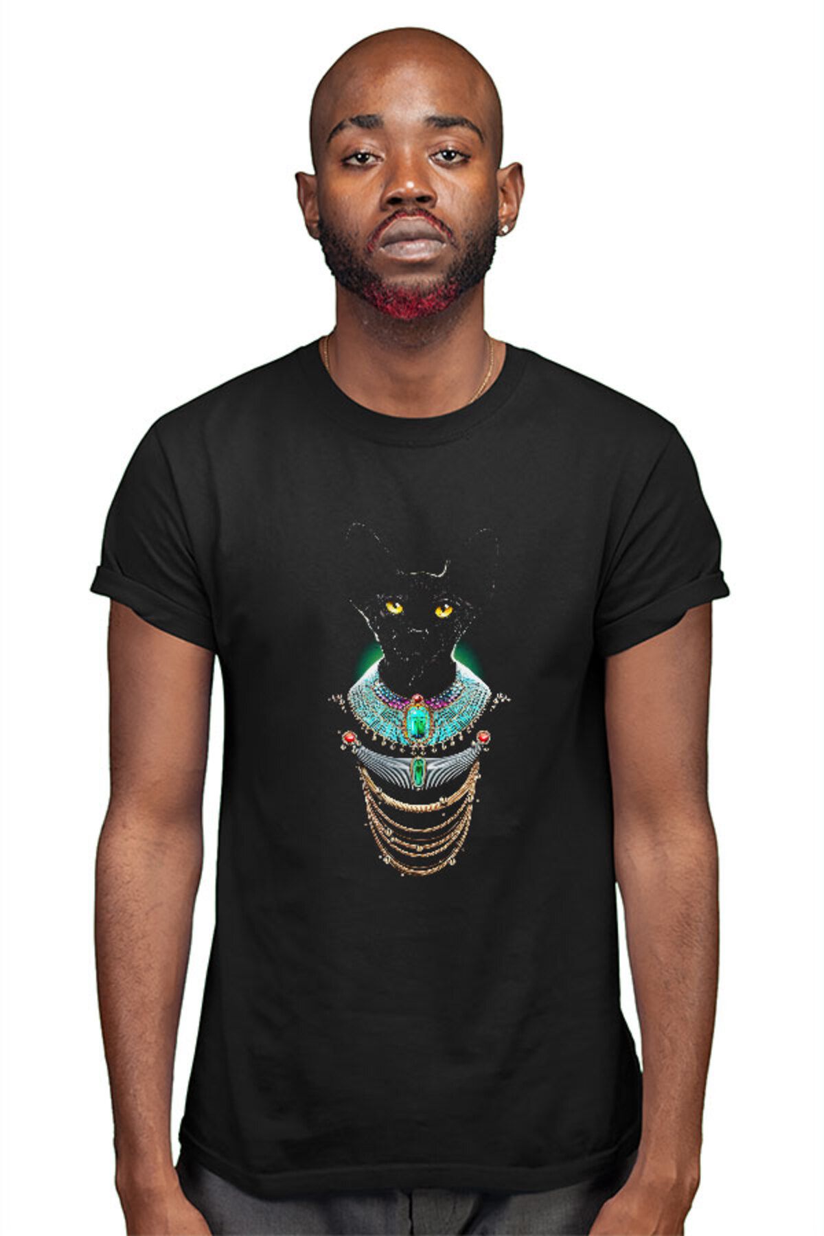 Darkhane-Pharaoh Sphinx Cat Patterned Black Unisex T-shirt 3